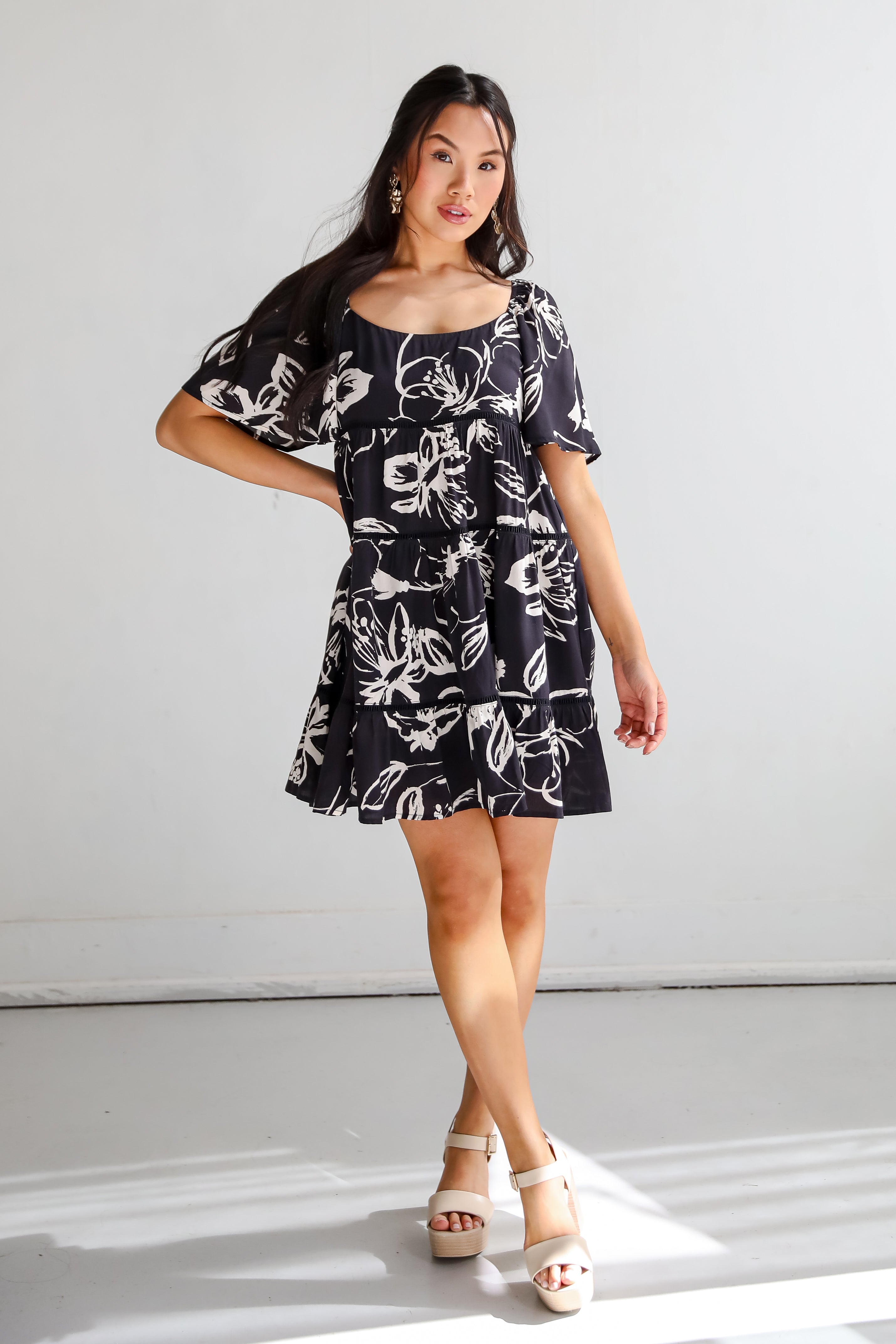 Flowering Day Black Floral Tiered Mini Dress