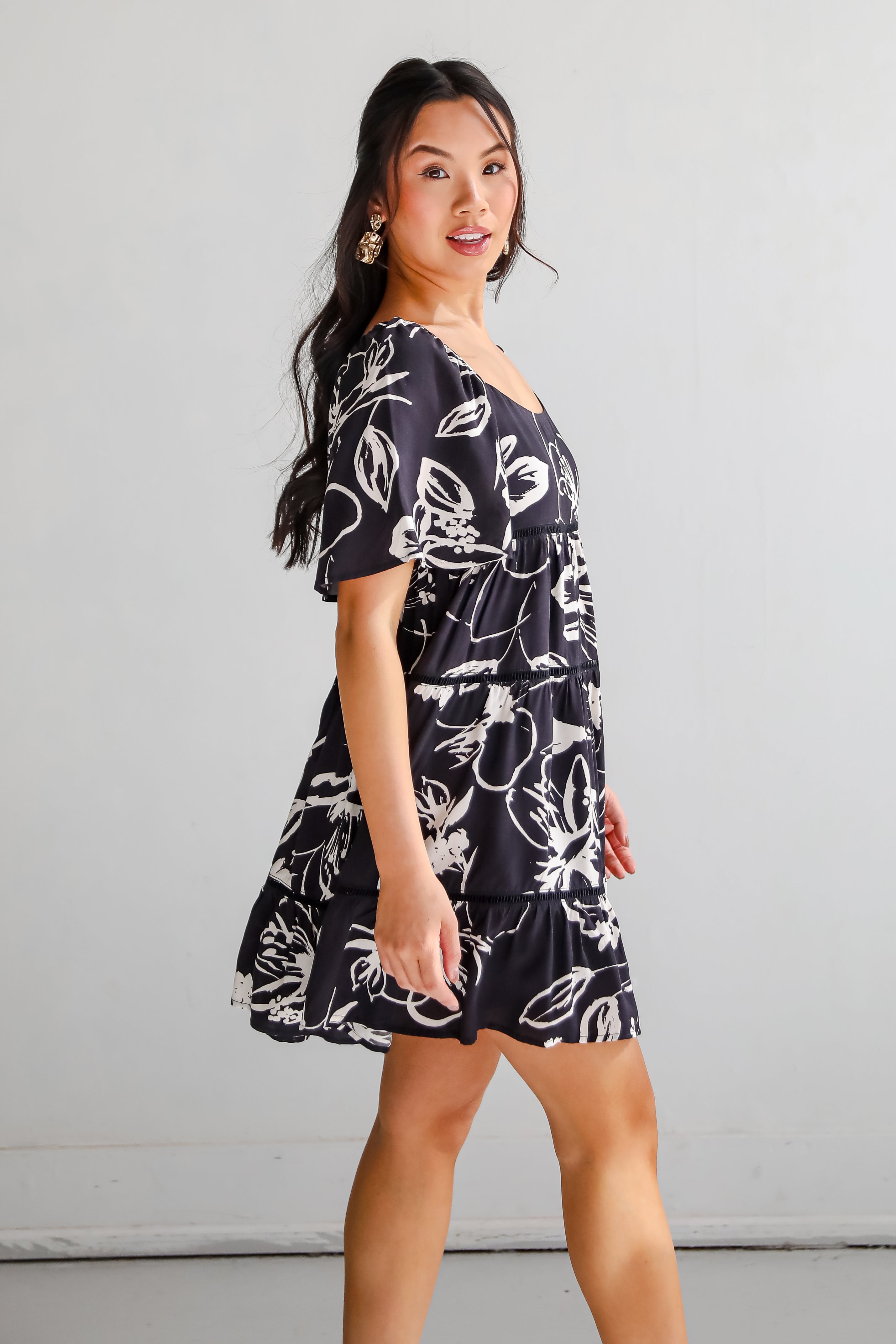 Flowering Day Black Floral Tiered Mini Dress