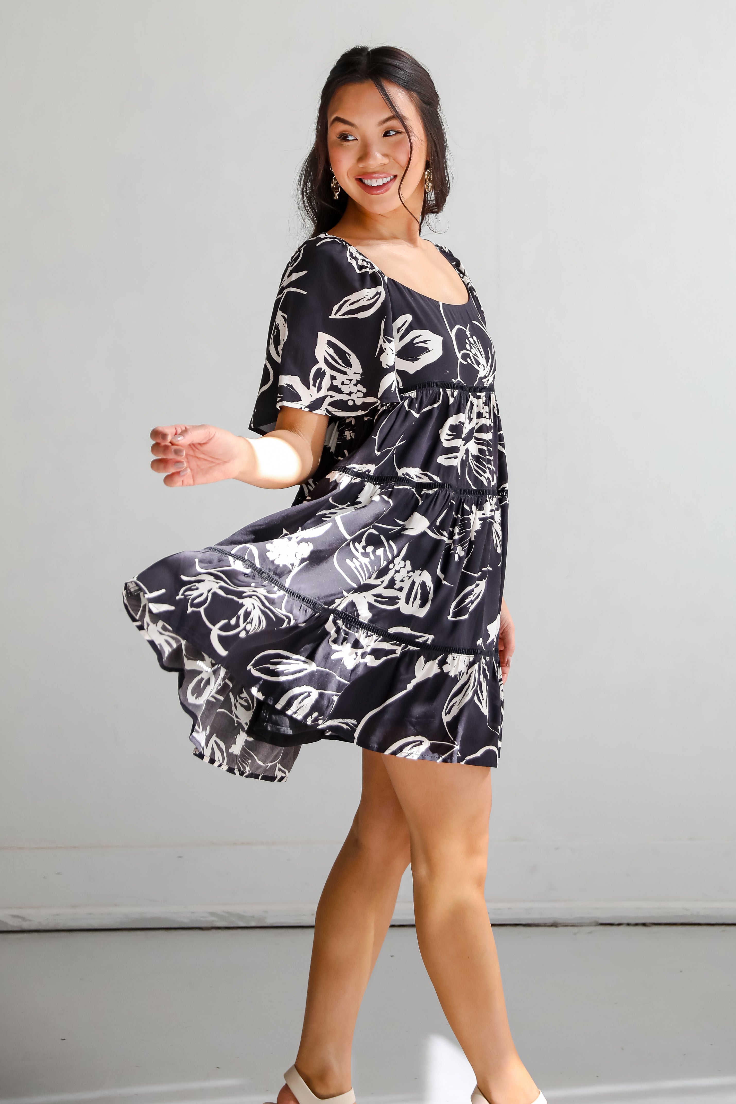 Flowering Day Black Floral Tiered Mini Dress