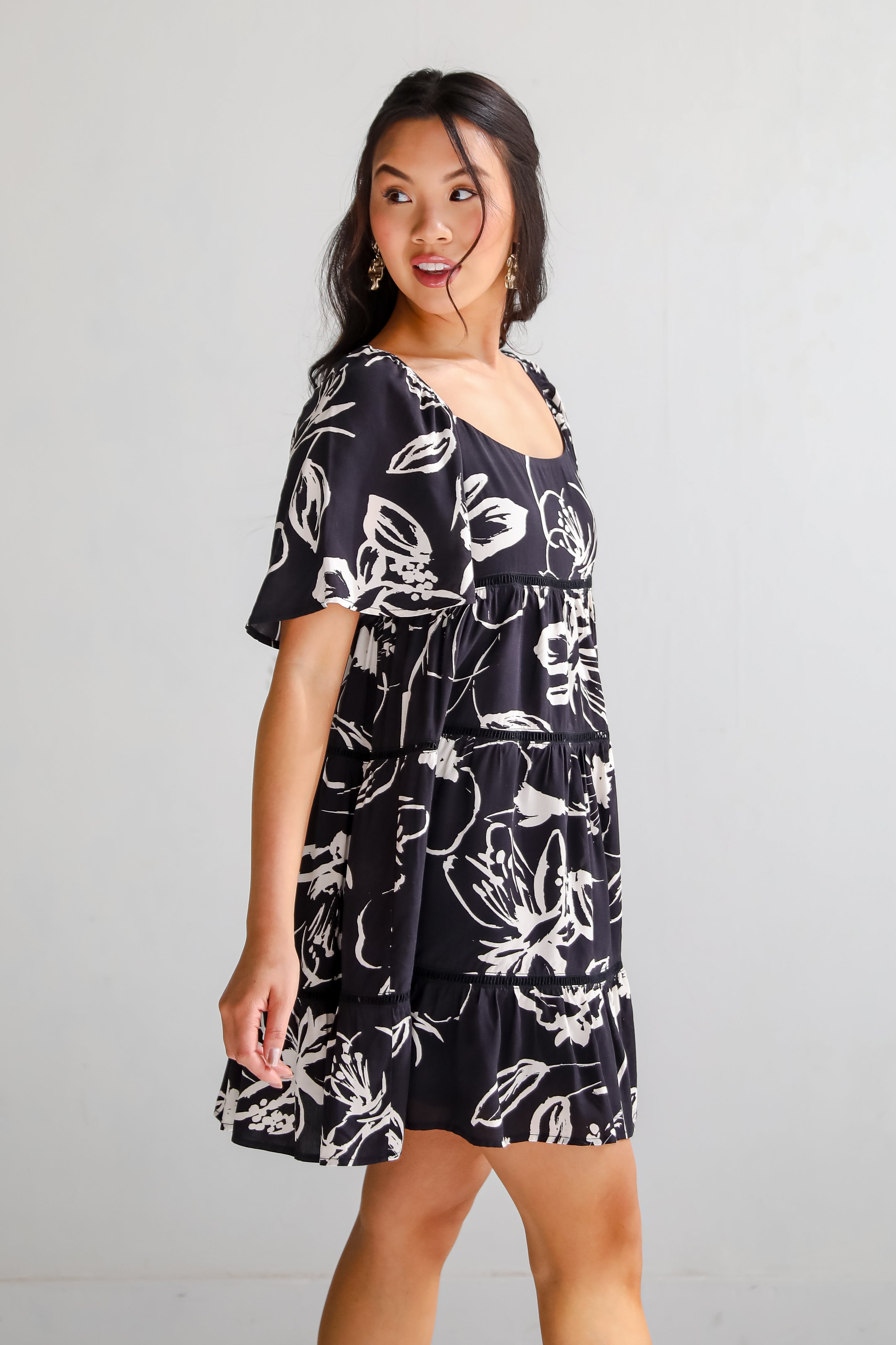 Flowering Day Black Floral Tiered Mini Dress