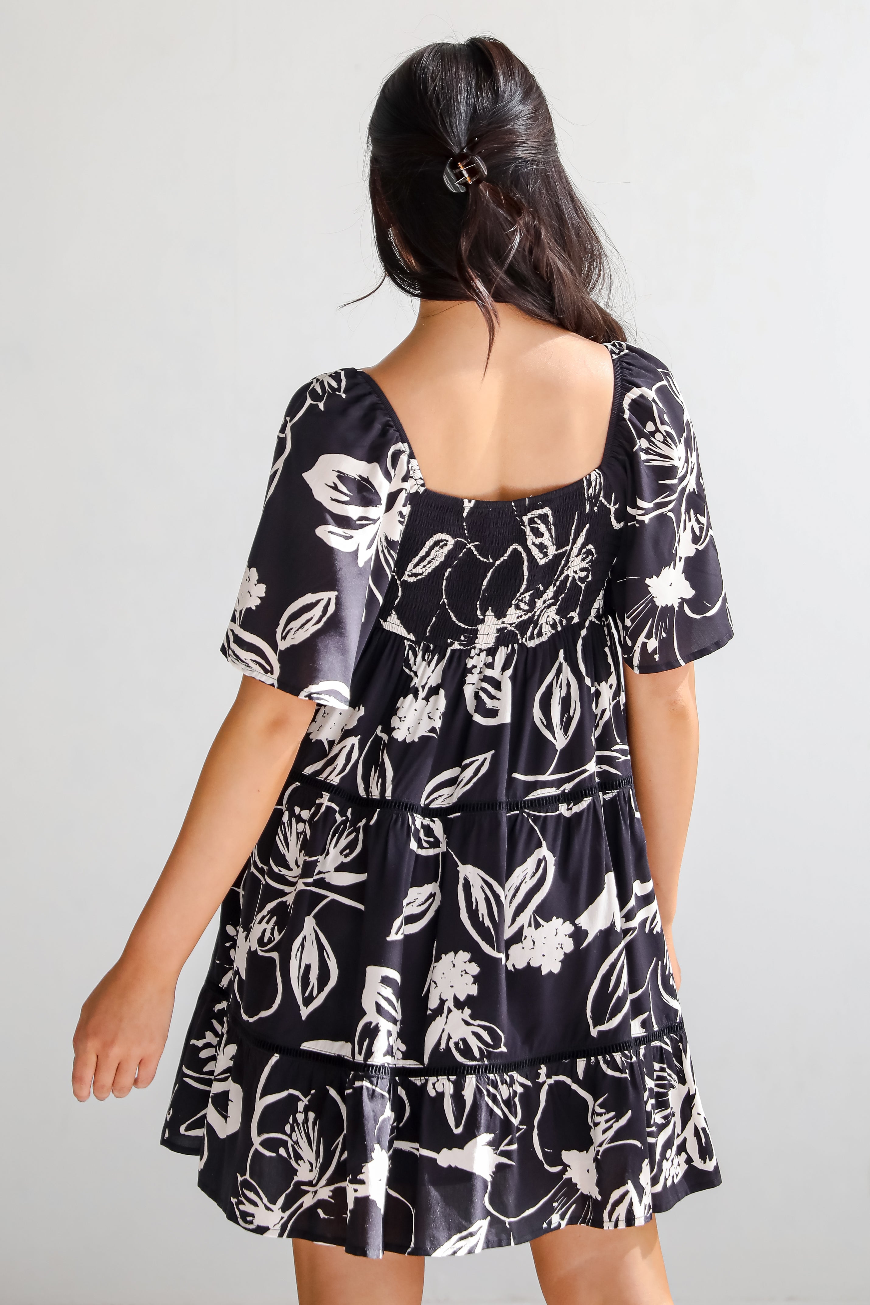 Flowering Day Black Floral Tiered Mini Dress