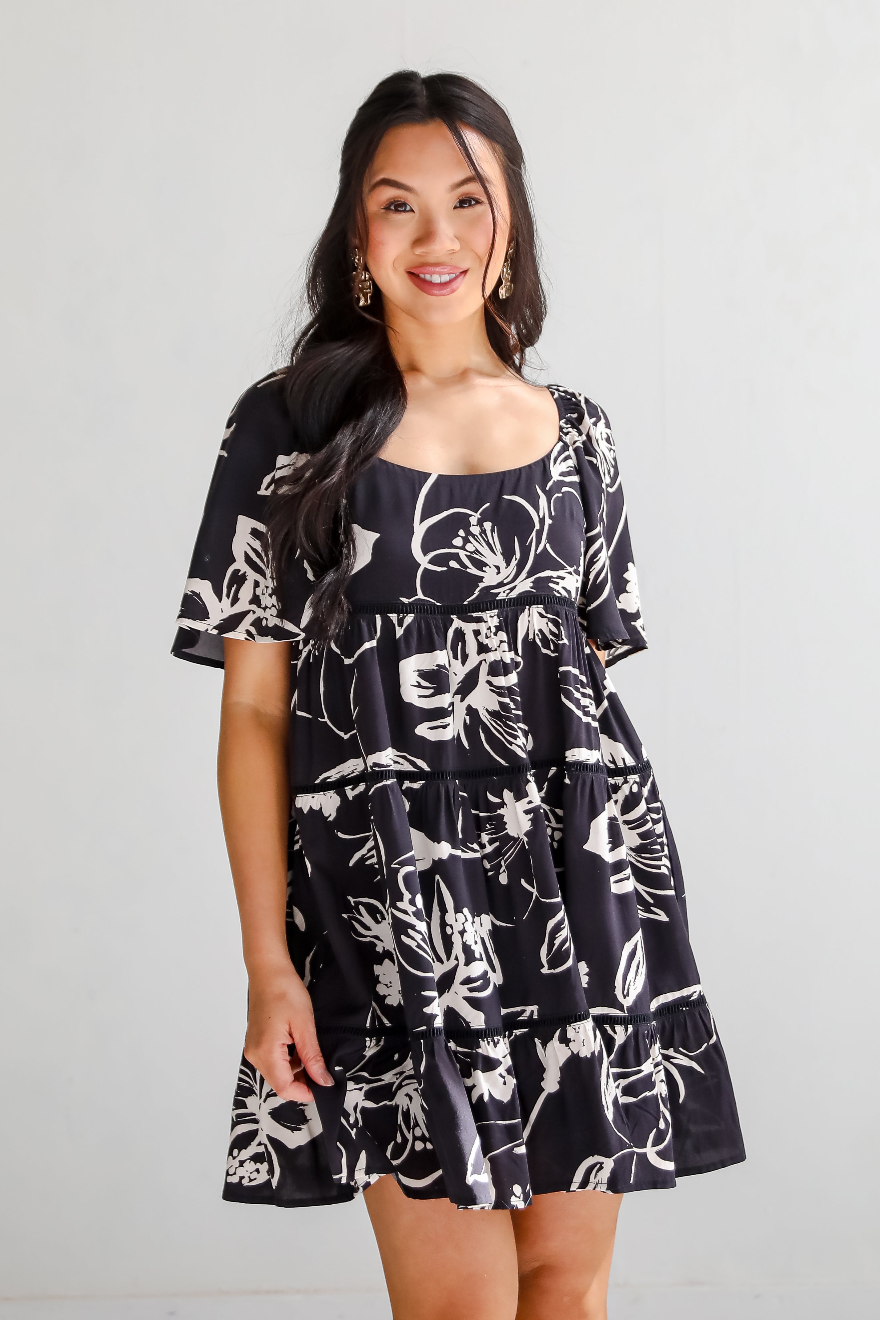 Flowering Day Black Floral Tiered Mini Dress
