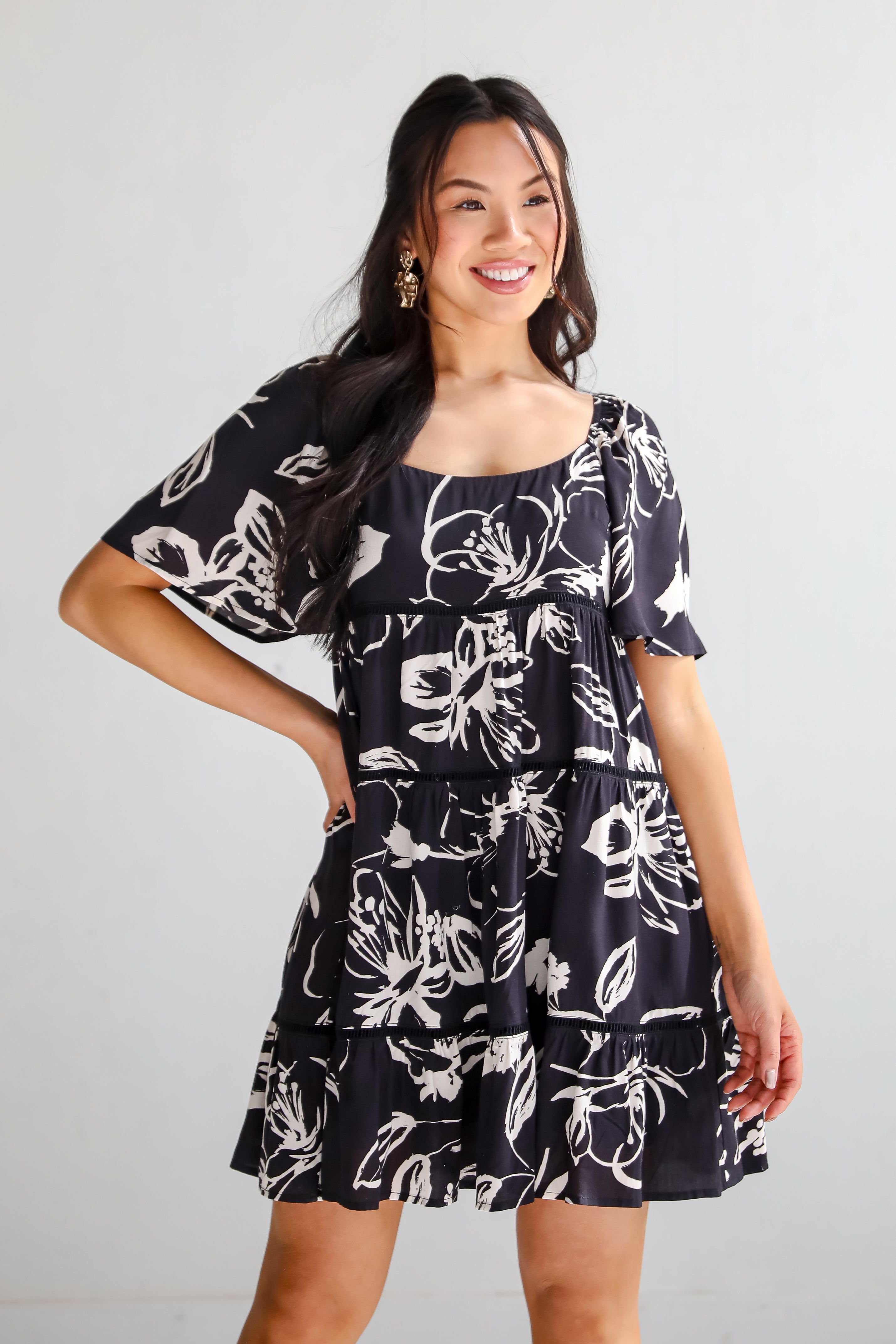 Flowering Day Black Floral Tiered Mini Dress