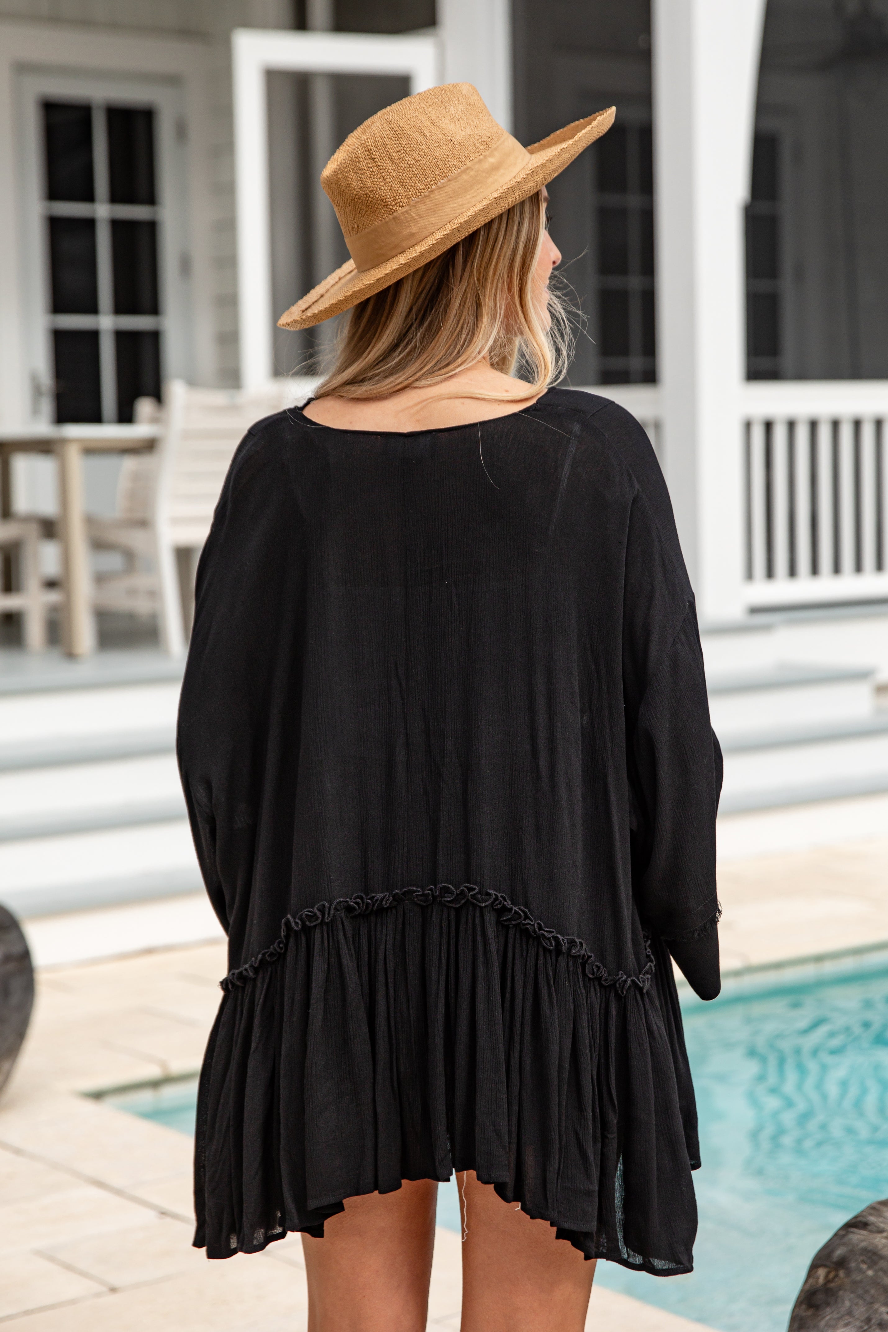 Woman wearing a black dress and straw hat by a poolside.