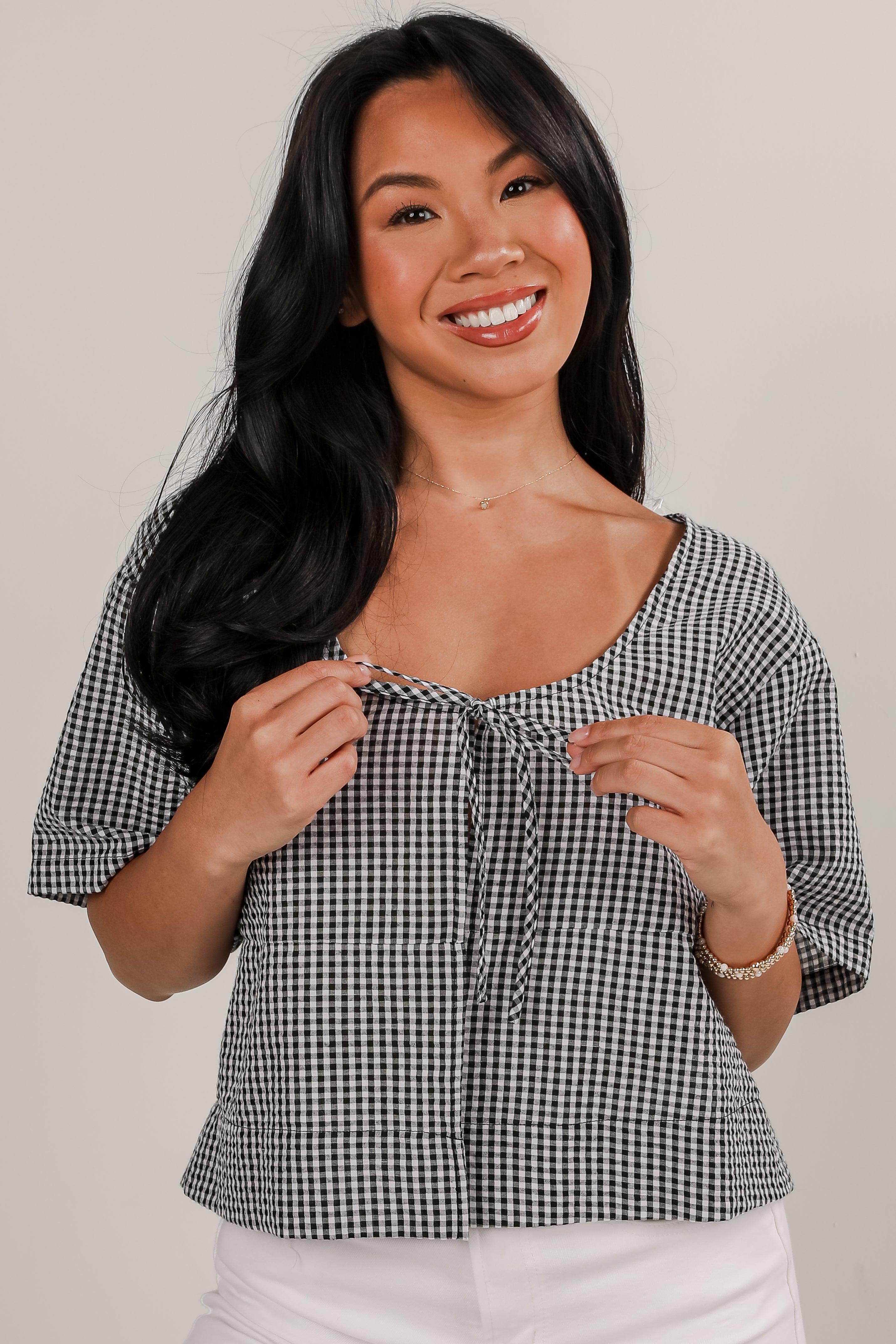 Be My Muse Black Gingham Tie Top