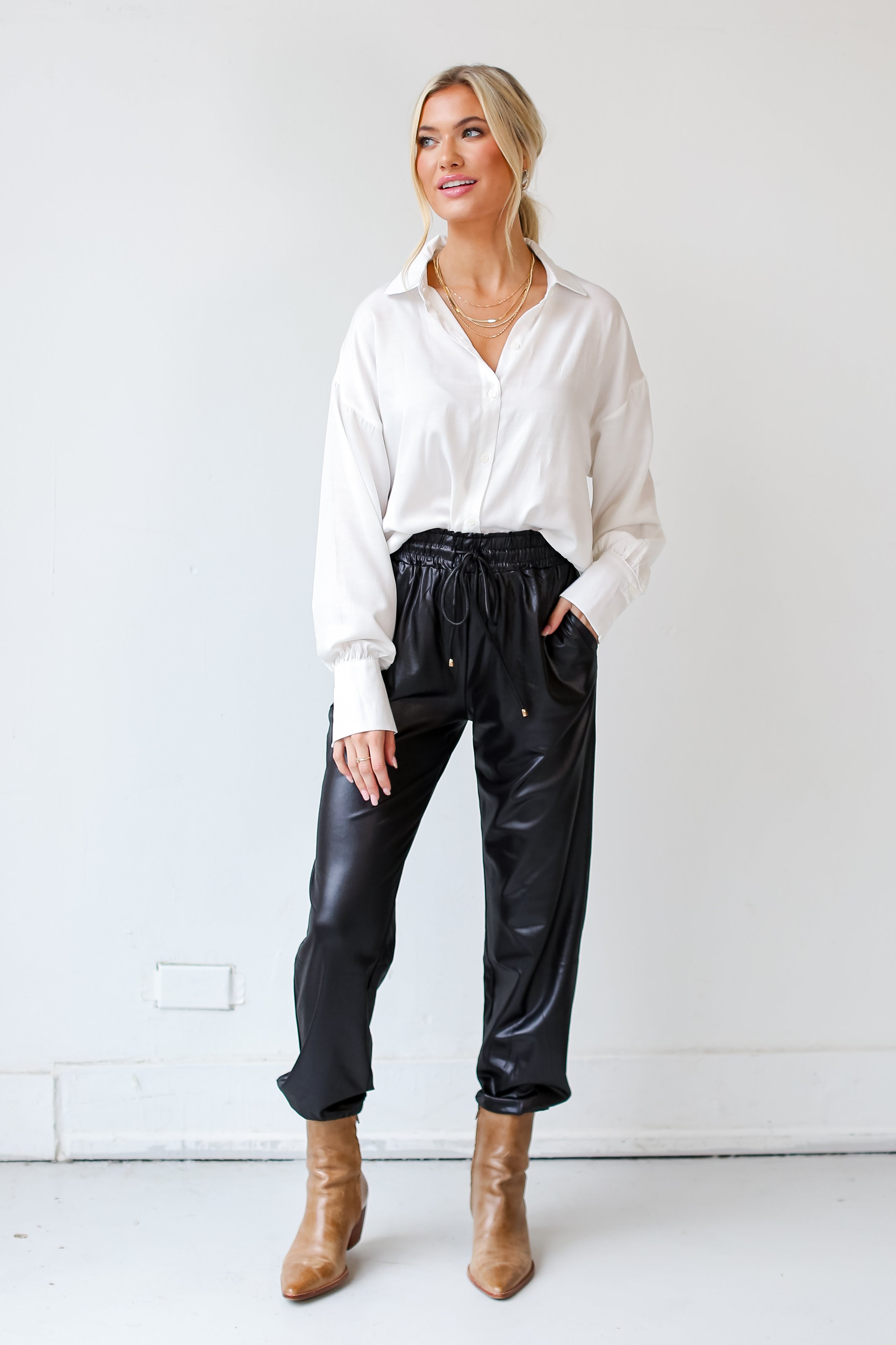 black Leather Joggers on dress up model