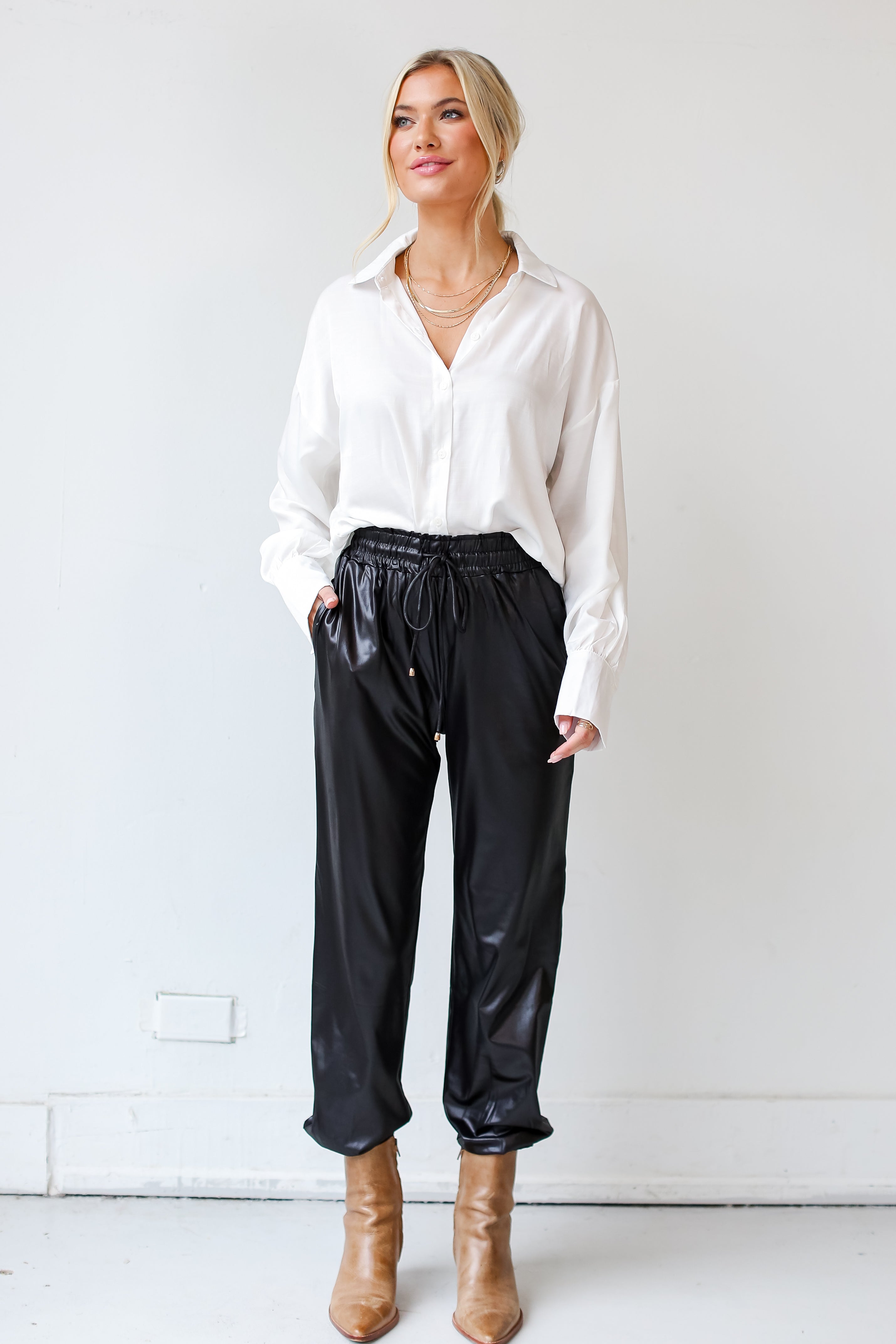 black Leather Joggers front view