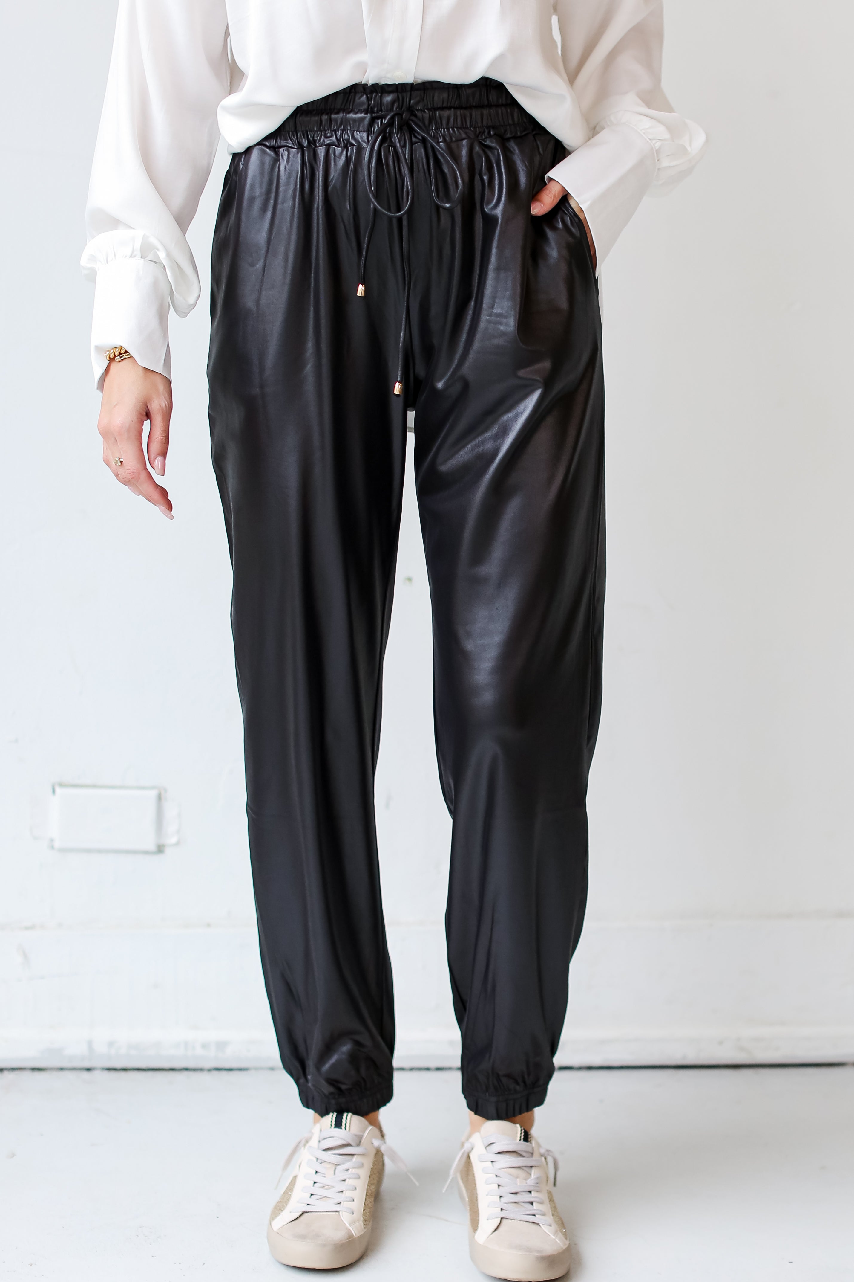 black Leather Joggers close up