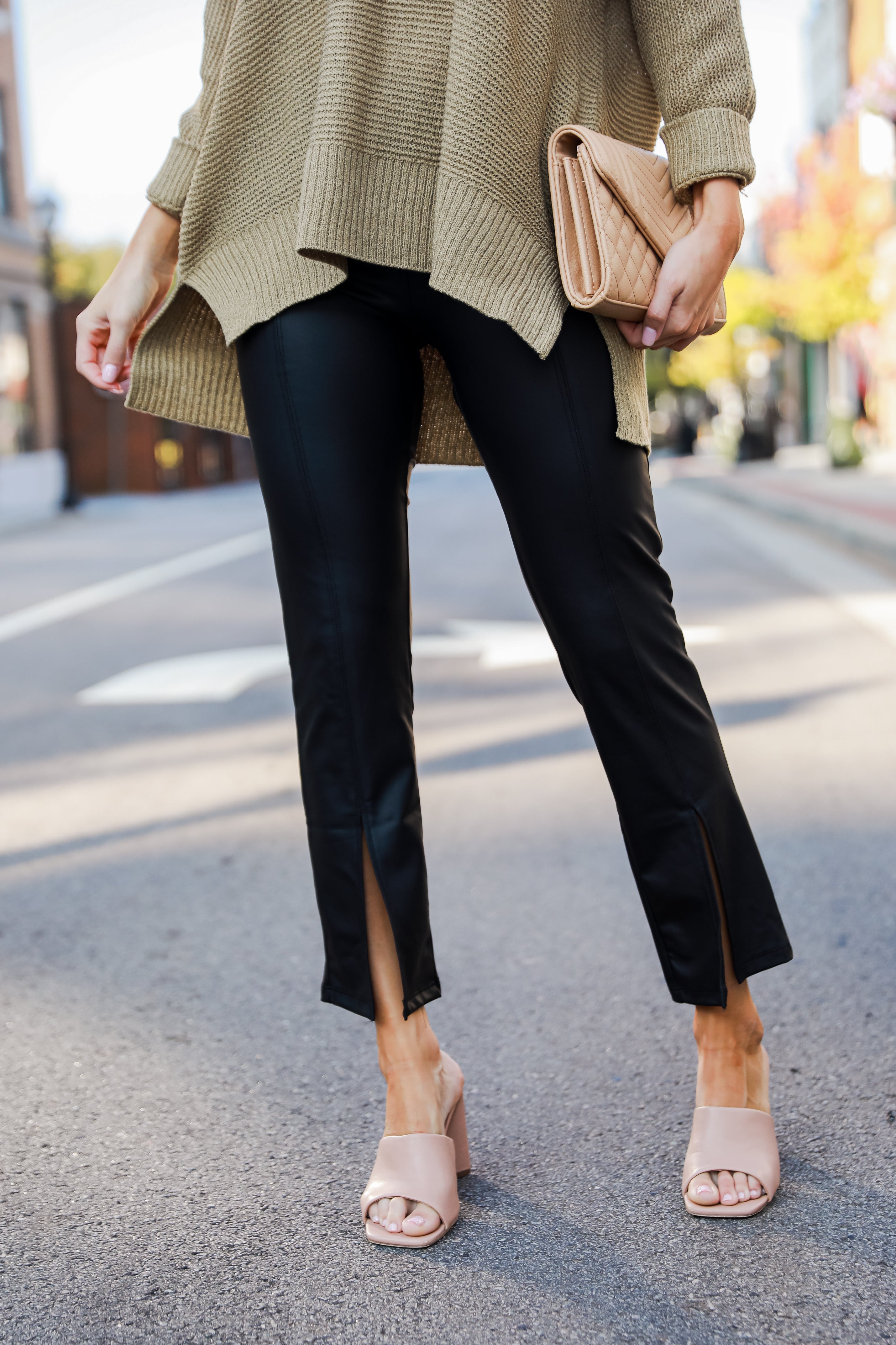 black Leather Split Hem Pants