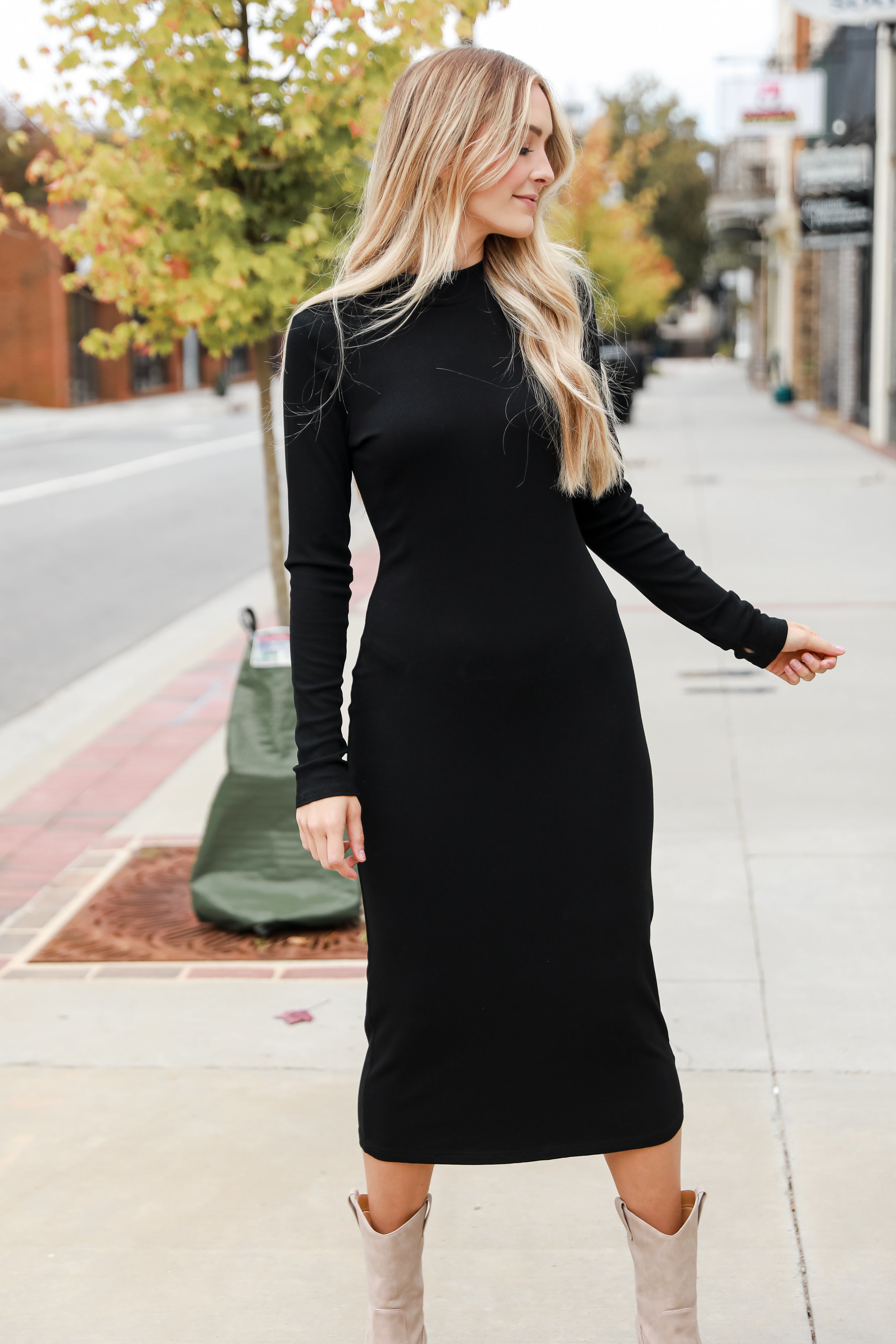 Black Ribbed Knit Midi Dress