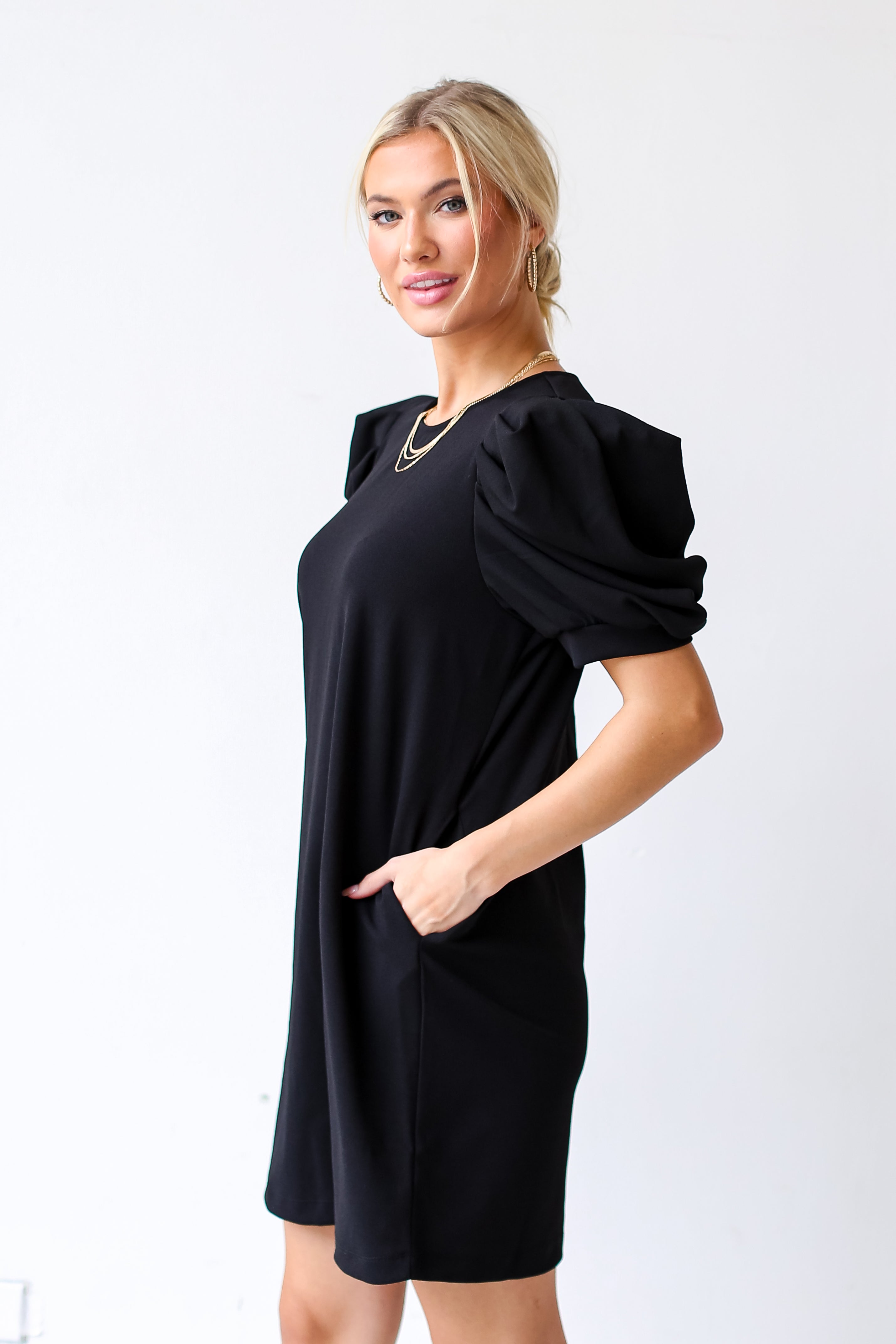 black Puff Sleeve Mini Dress side view