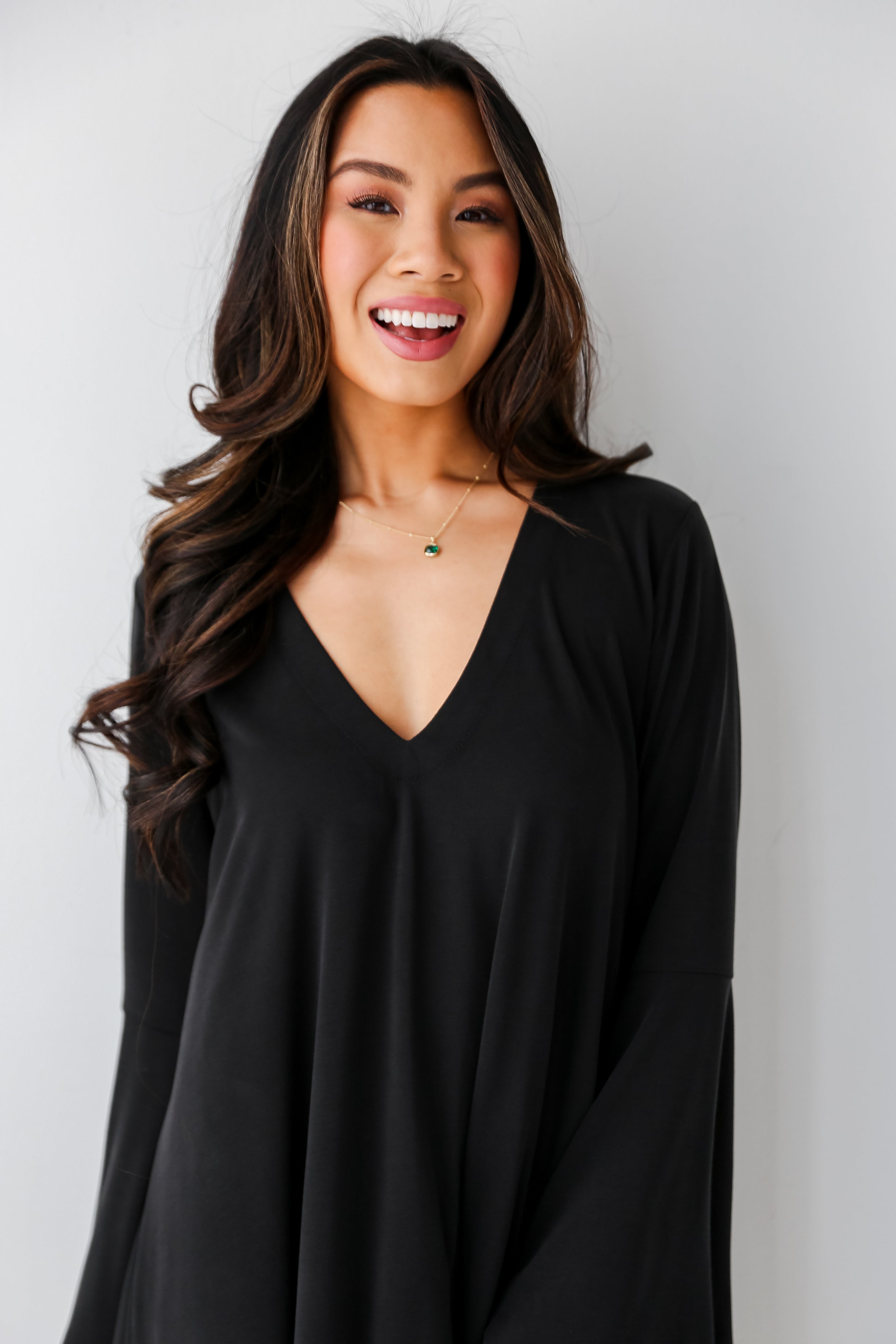 Black Bell Sleeve Mini Dress front view. Cheap Dresses. Online cheap dresses