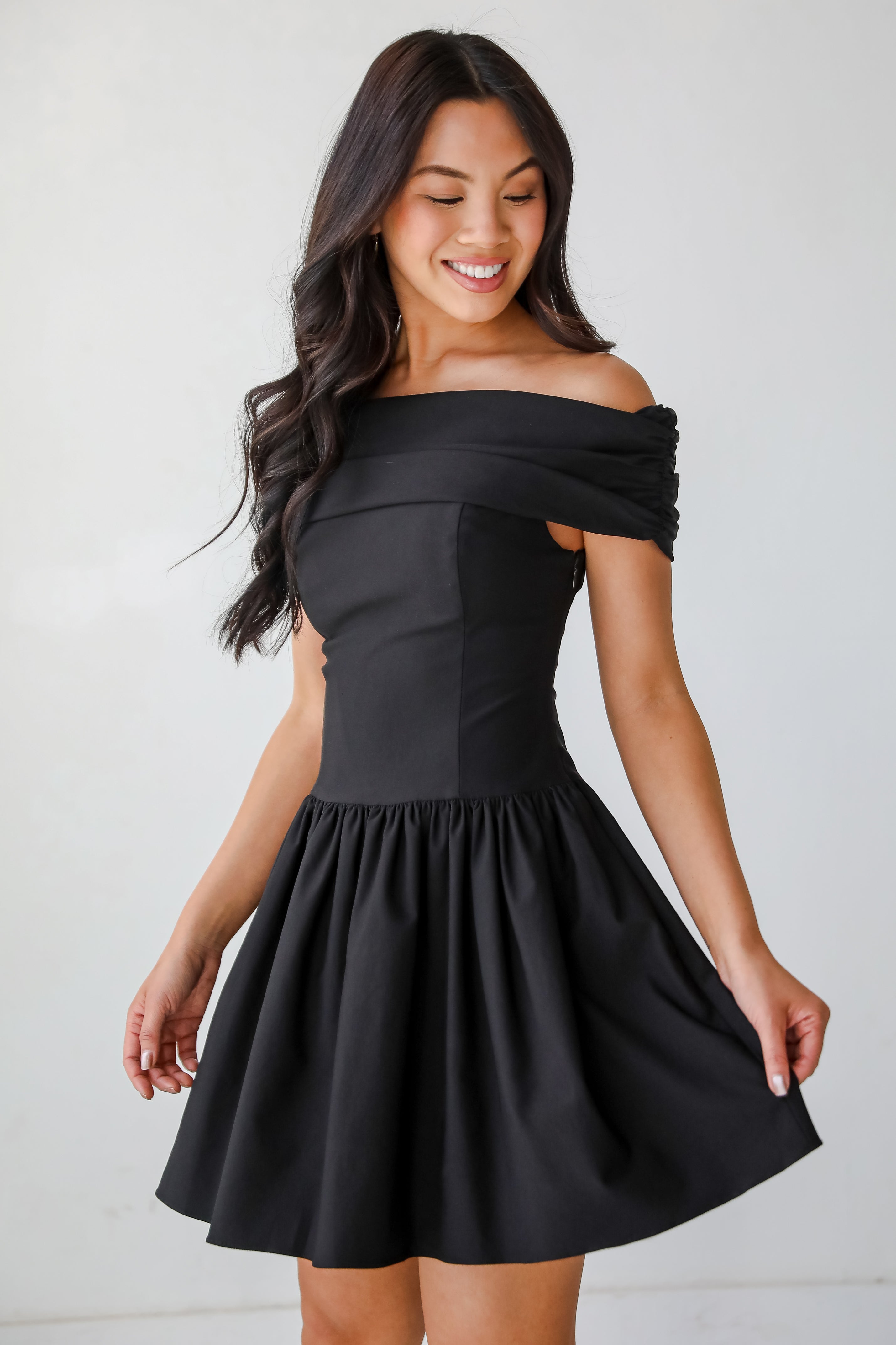 Unbelievably Lovely Black Off-The-Shoulder Mini Dress