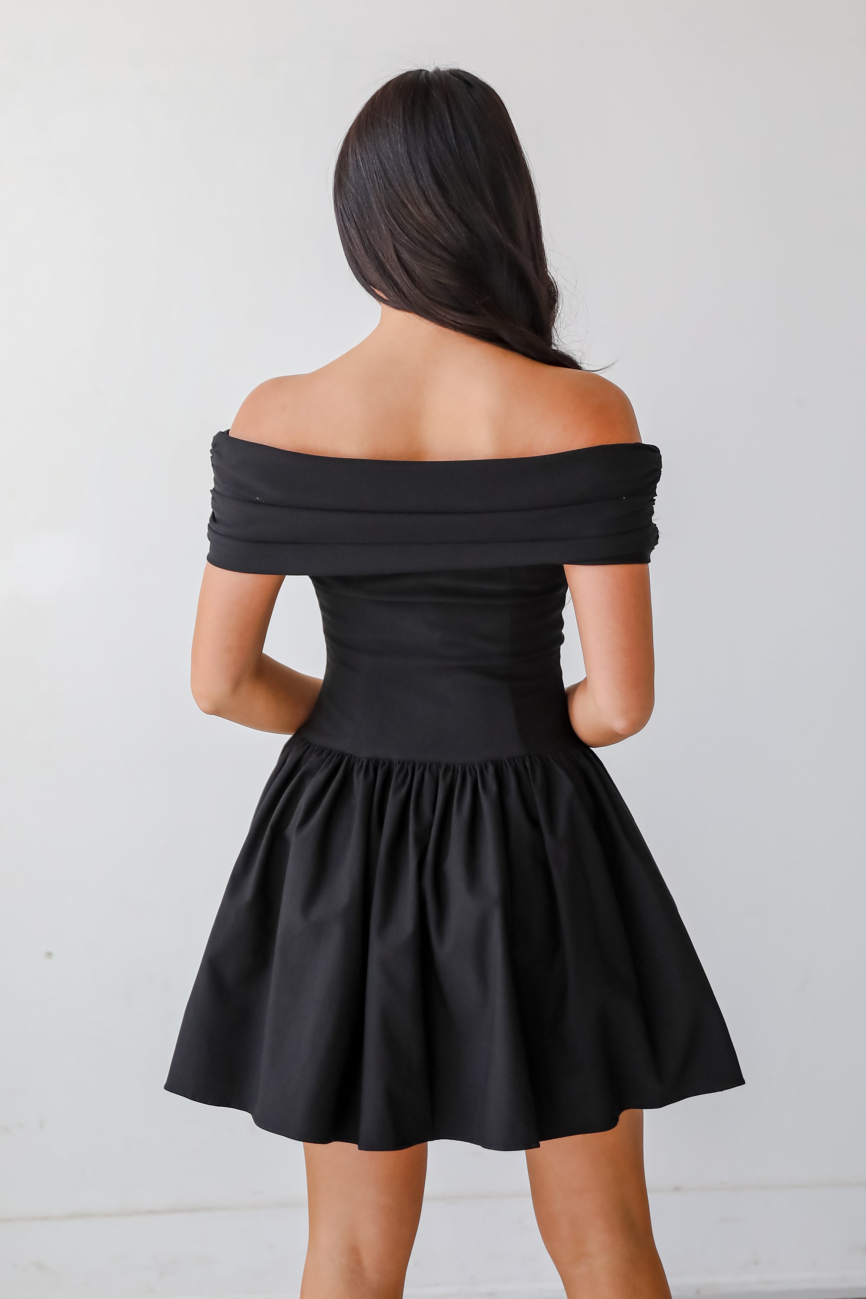 Unbelievably Lovely Black Off-The-Shoulder Mini Dress