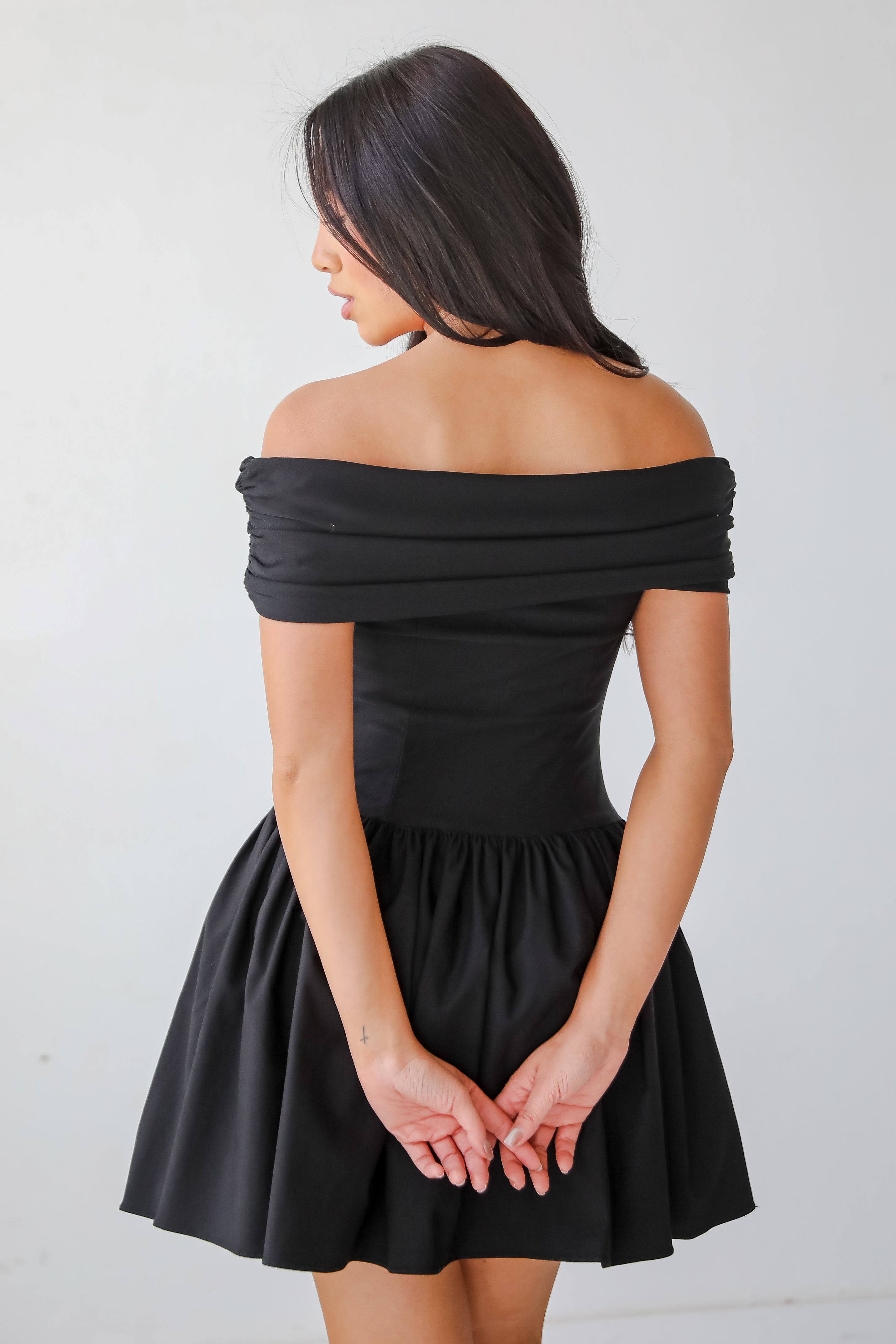 Unbelievably Lovely Black Off-The-Shoulder Mini Dress