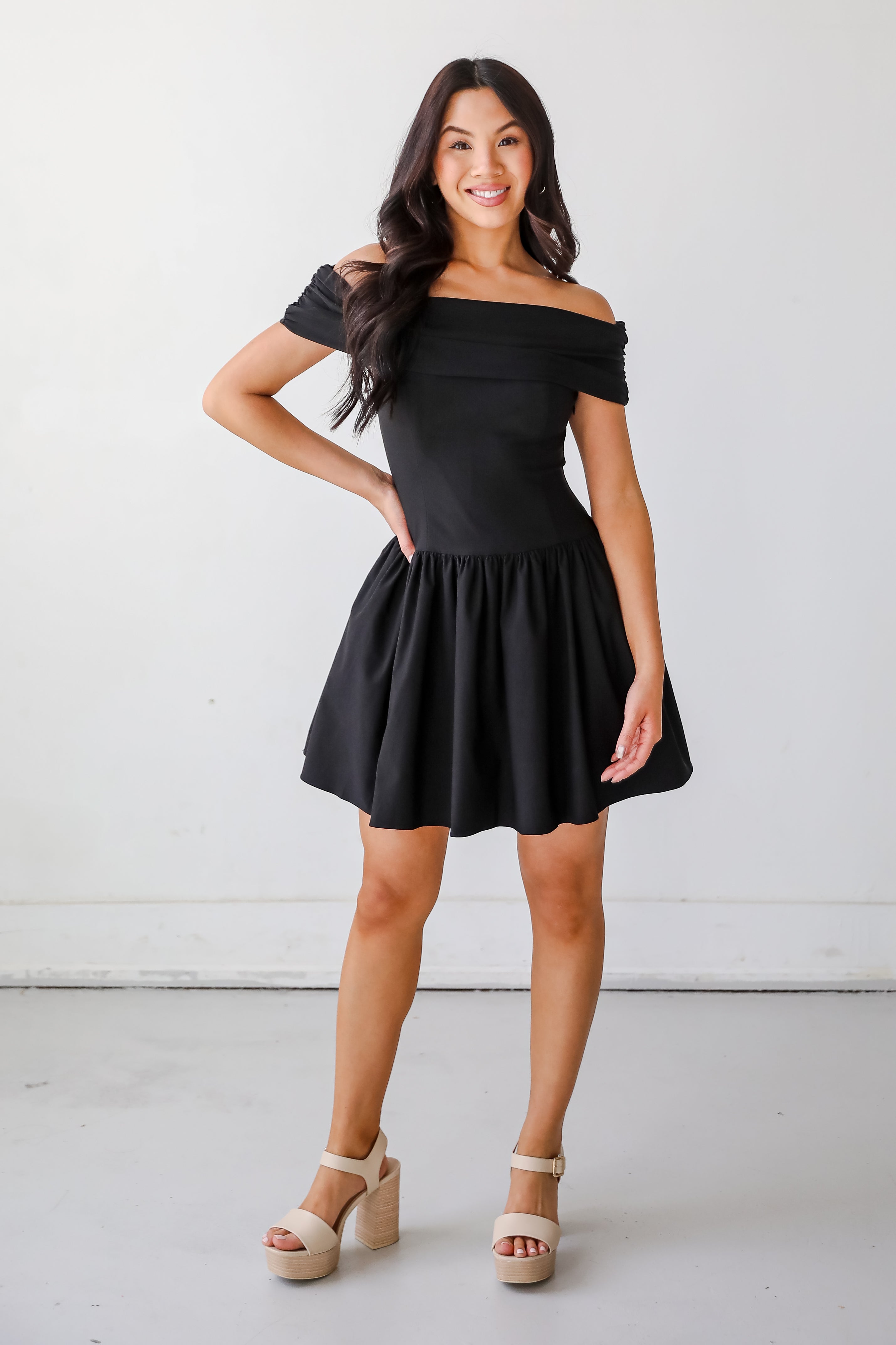Unbelievably Lovely Black Off-The-Shoulder Mini Dress