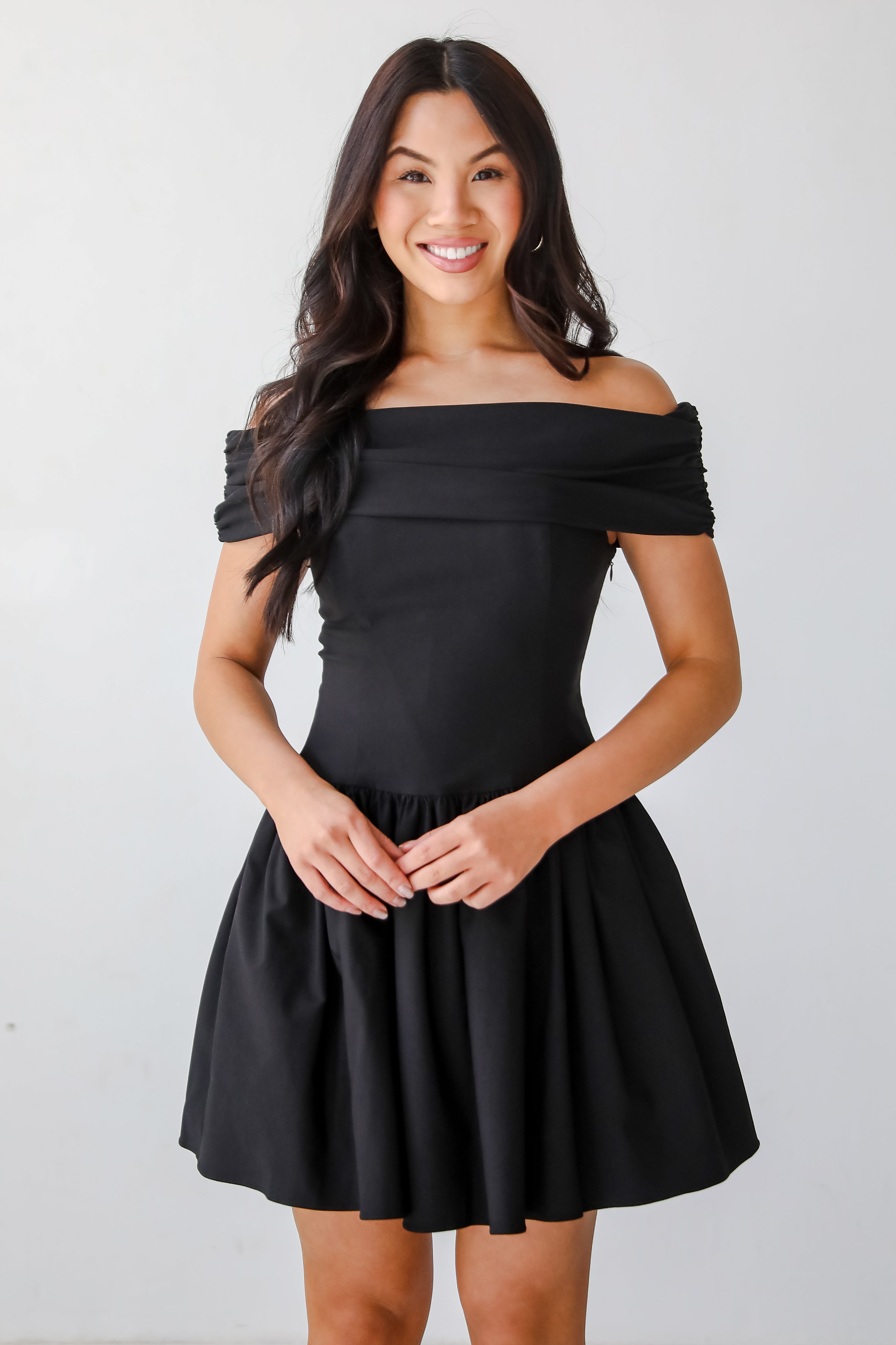 Unbelievably Lovely Black Off-The-Shoulder Mini Dress