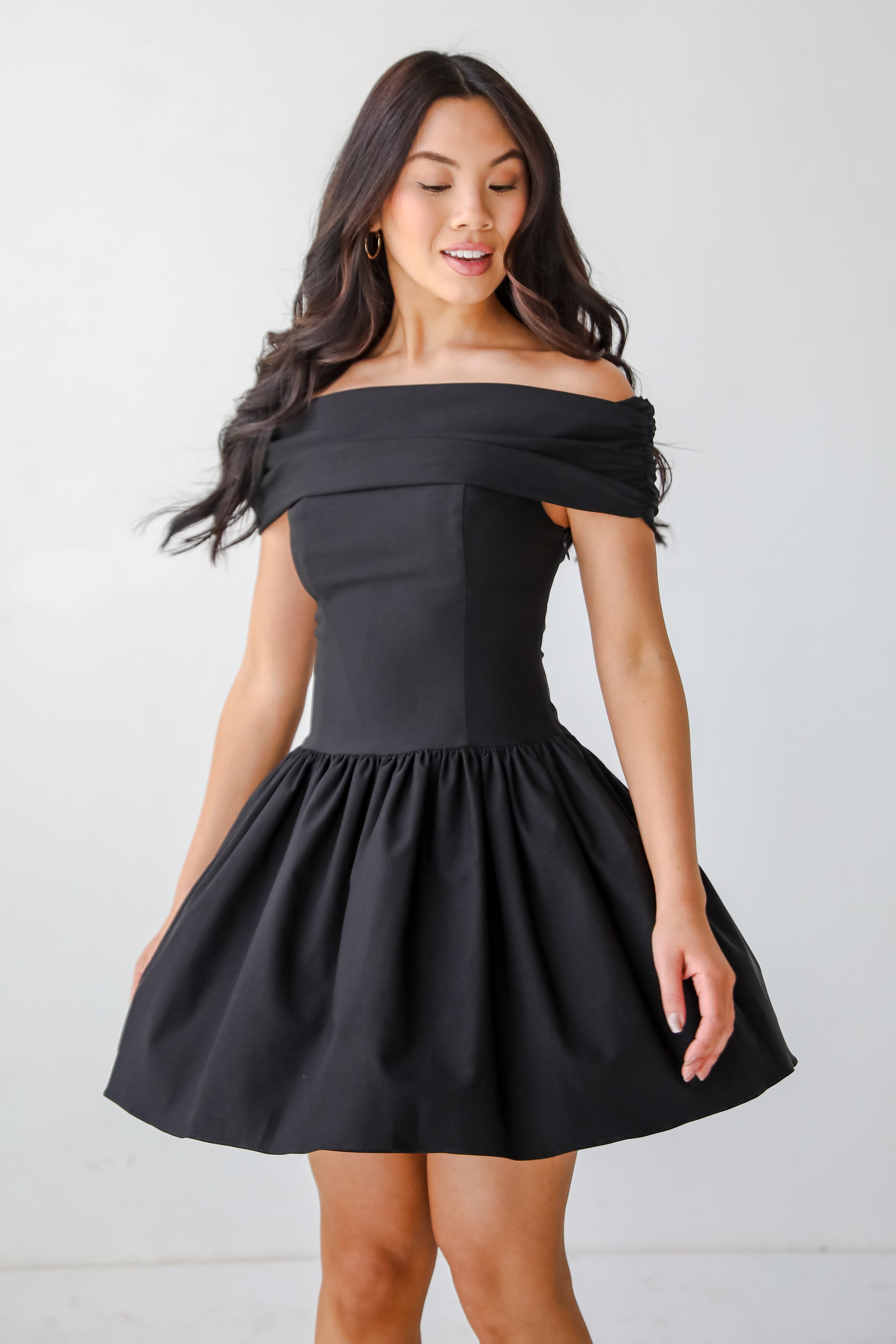 Unbelievably Lovely Black Off-The-Shoulder Mini Dress