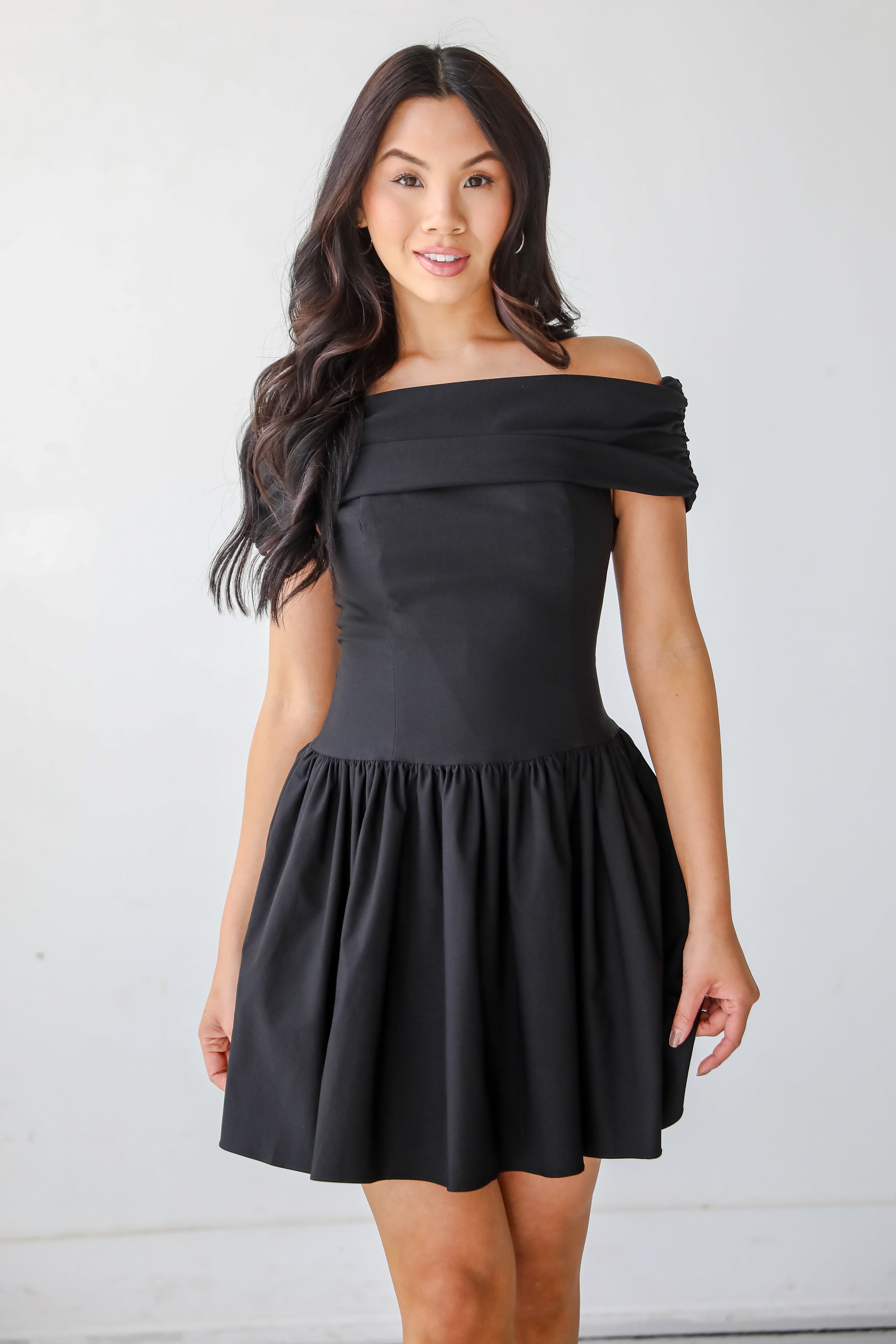 Unbelievably Lovely Black Off-The-Shoulder Mini Dress