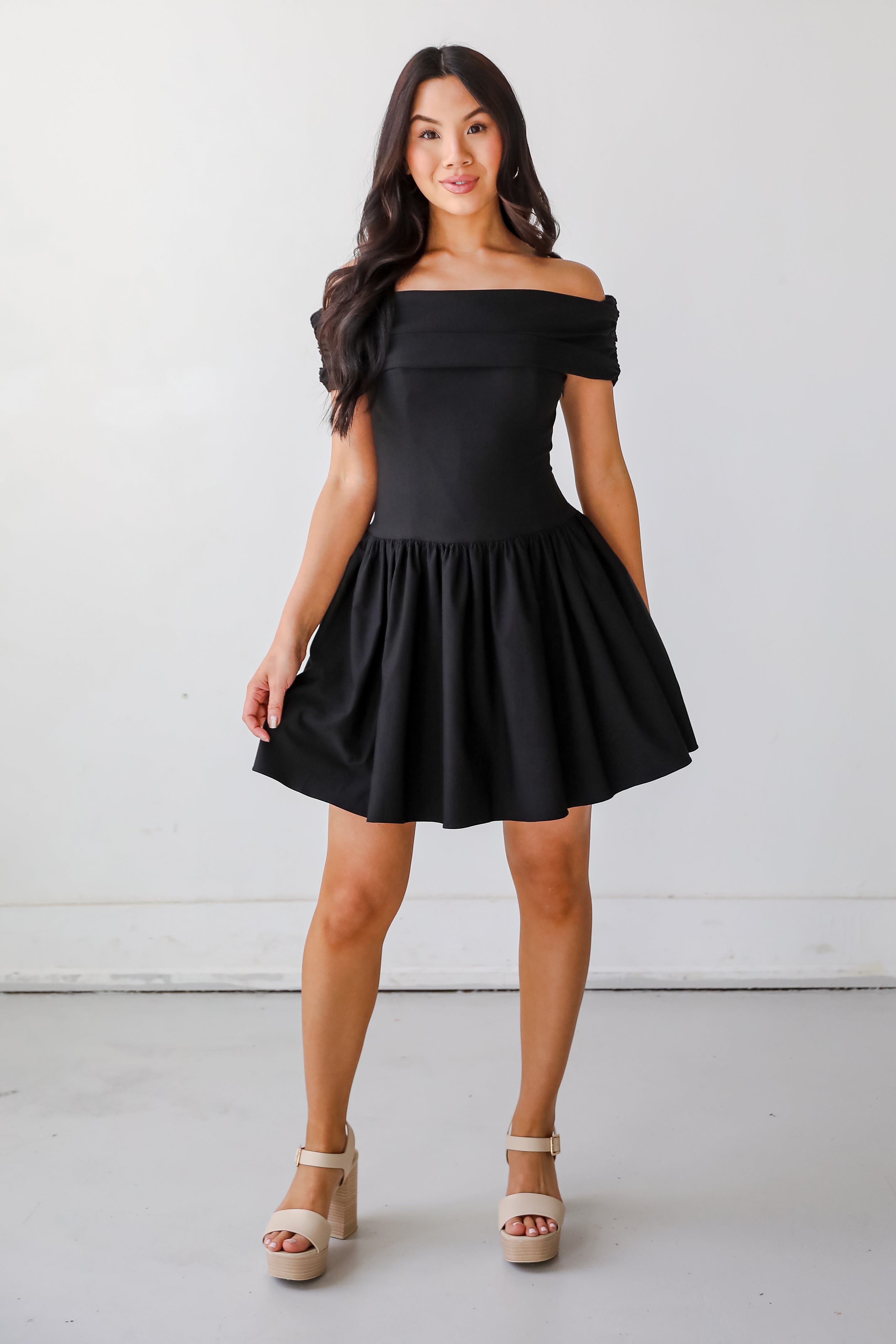 Unbelievably Lovely Black Off-The-Shoulder Mini Dress