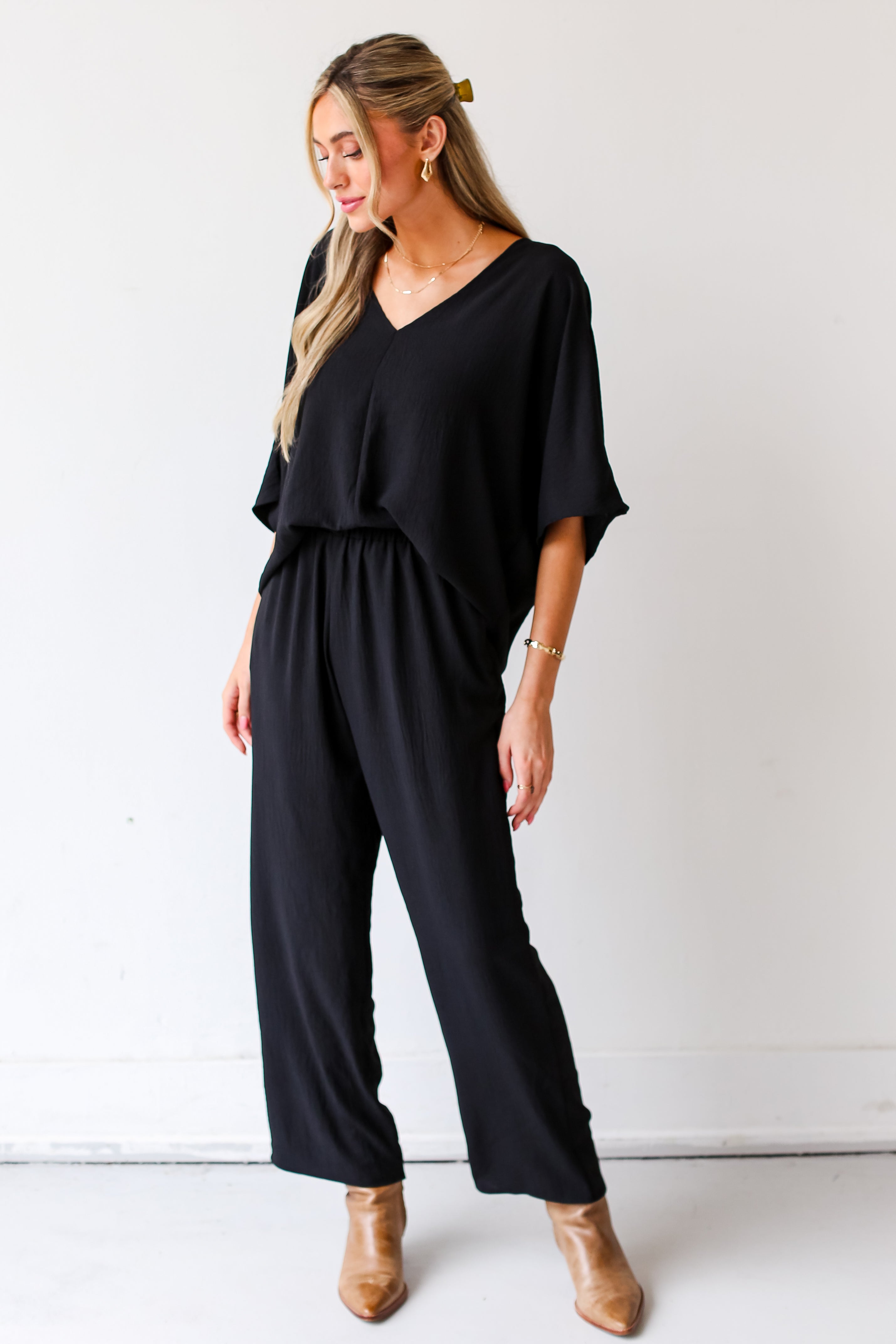 black Wide Leg Pants front view on model