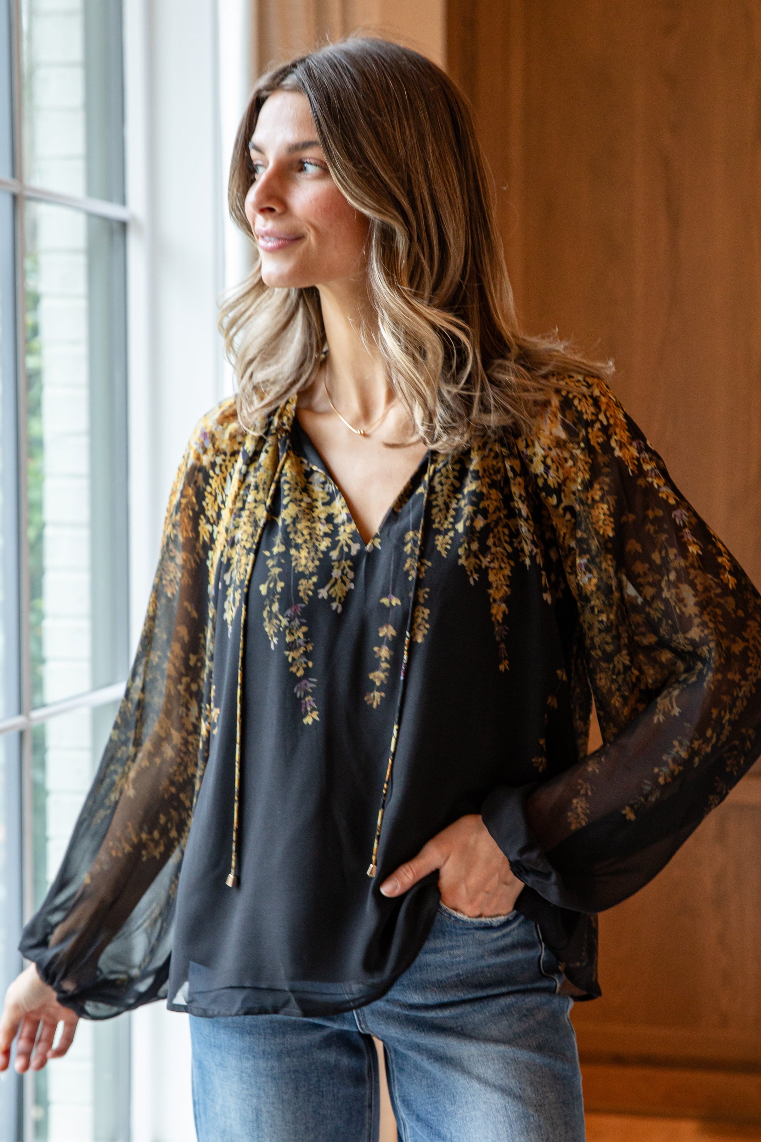 Golden Petal Evening Black Blouse | Trendy Women Tops
