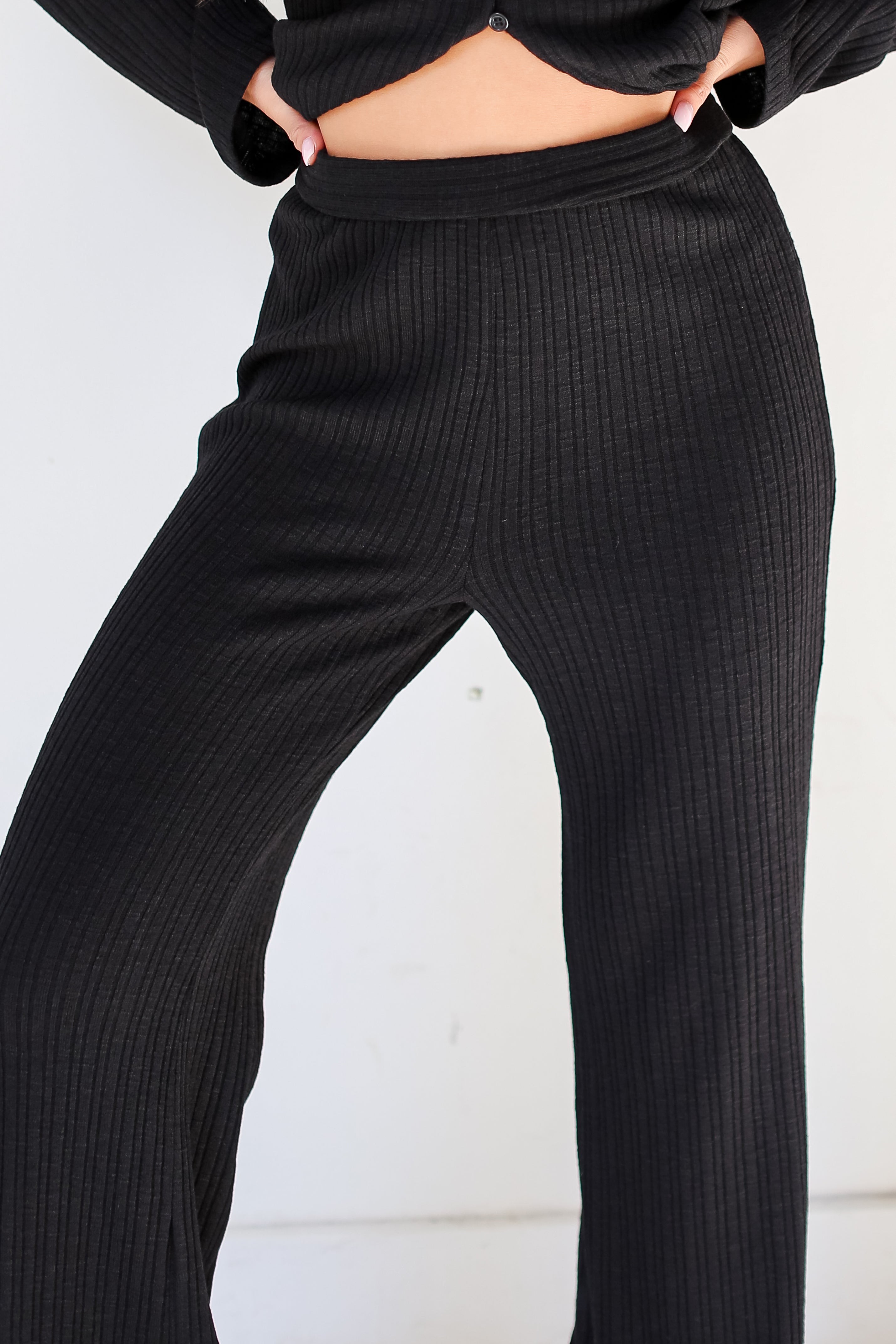 black Ribbed Knit Pants close up view