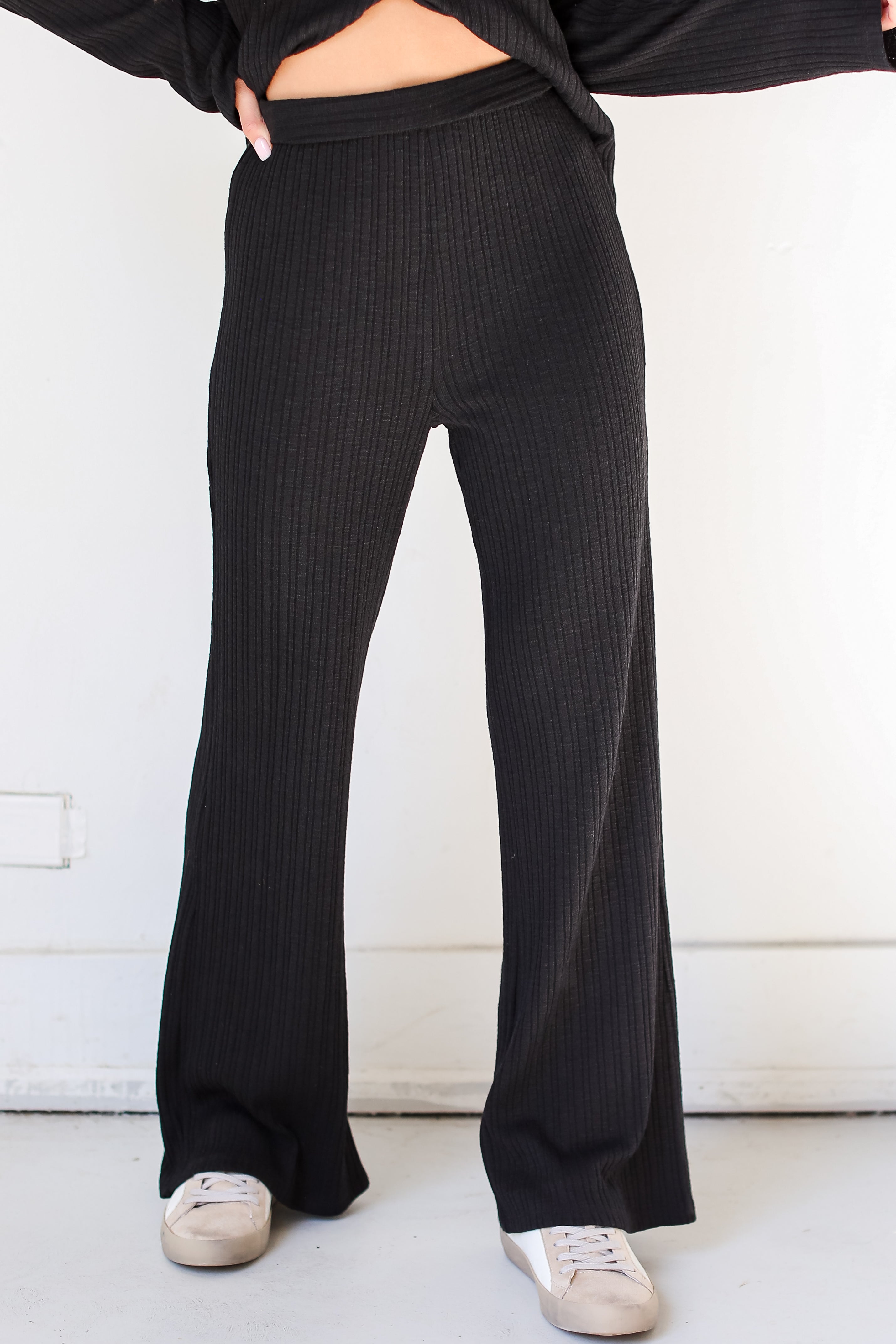 black Ribbed Knit Pants close up
