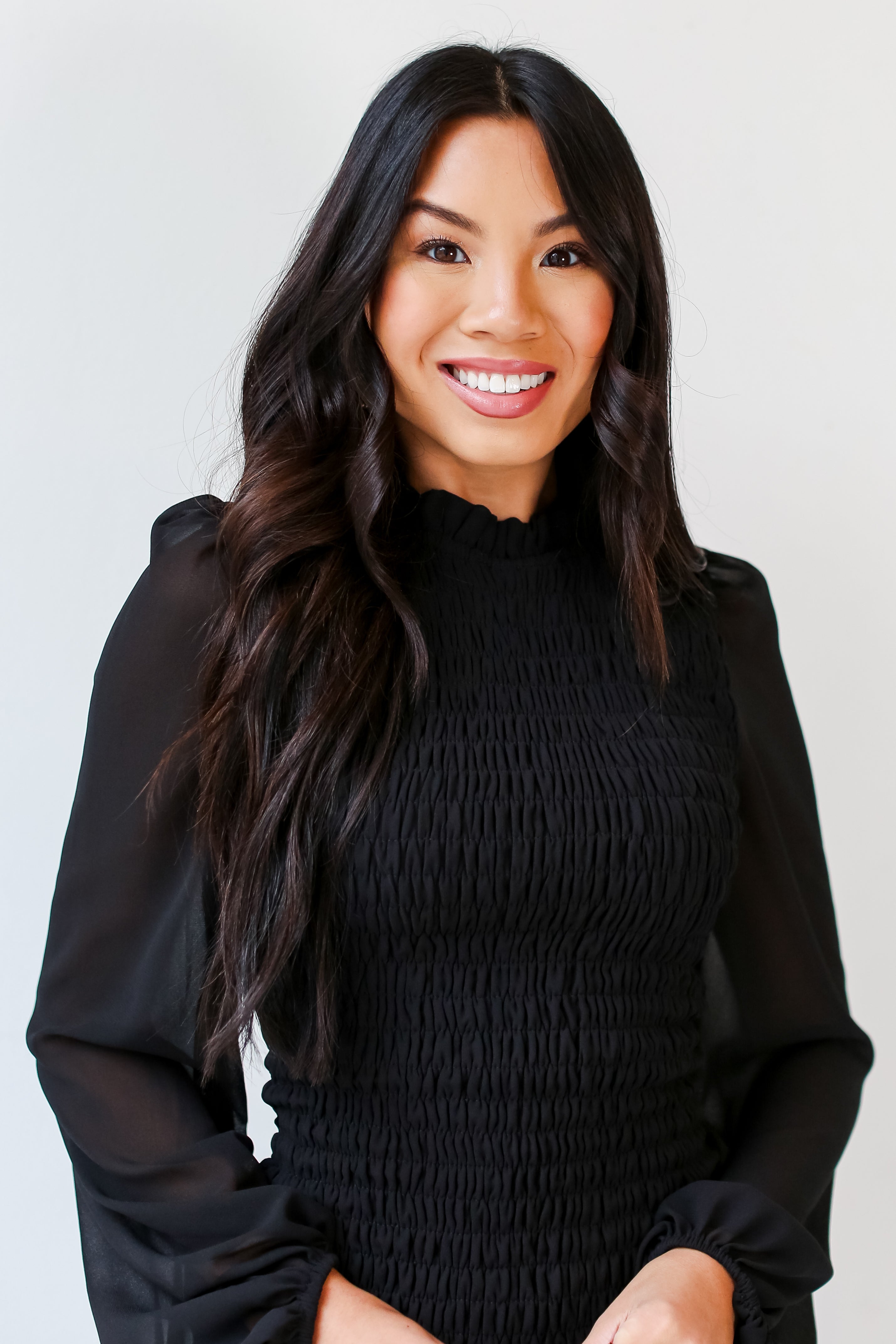 black Smocked Mini Dress close up