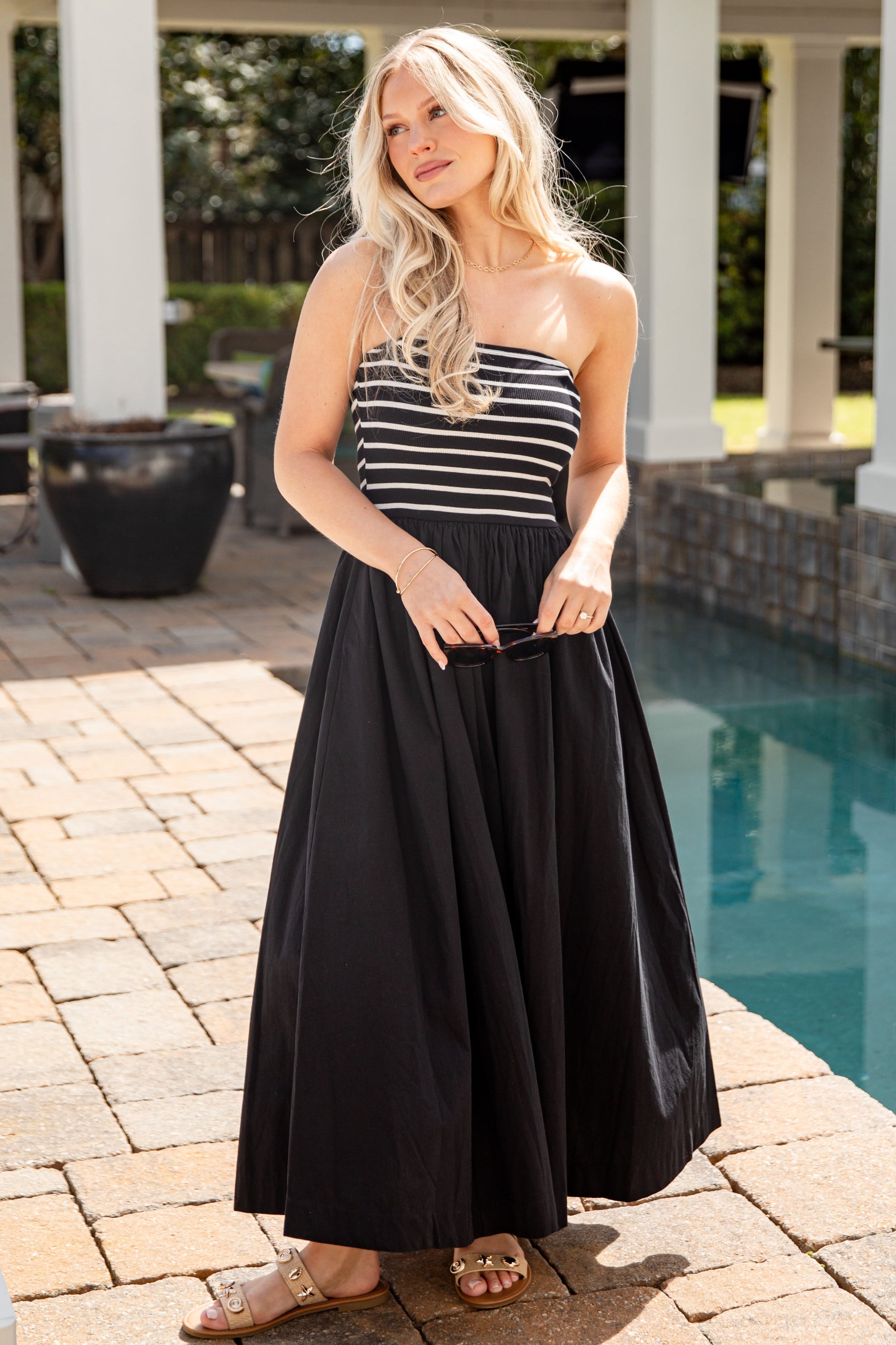 Striped Strapless Black Maxi Dress | Trendy Women's Clothing