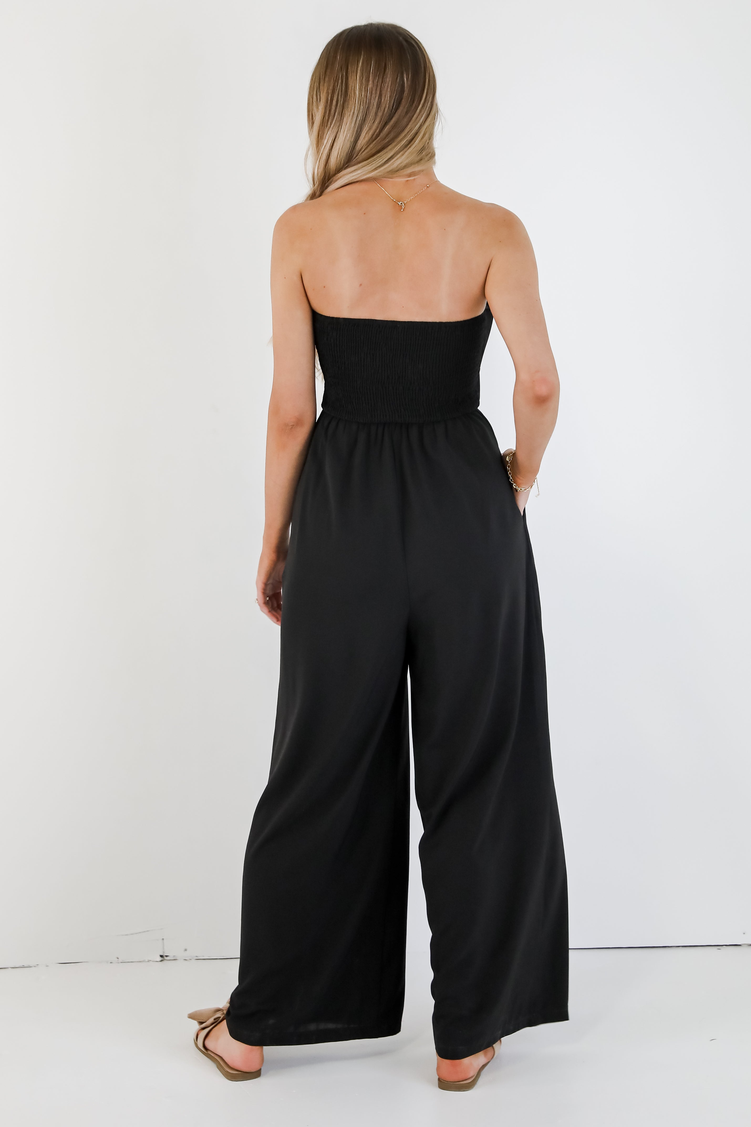 Back In Love Black Strapless Smocked Jumpsuit