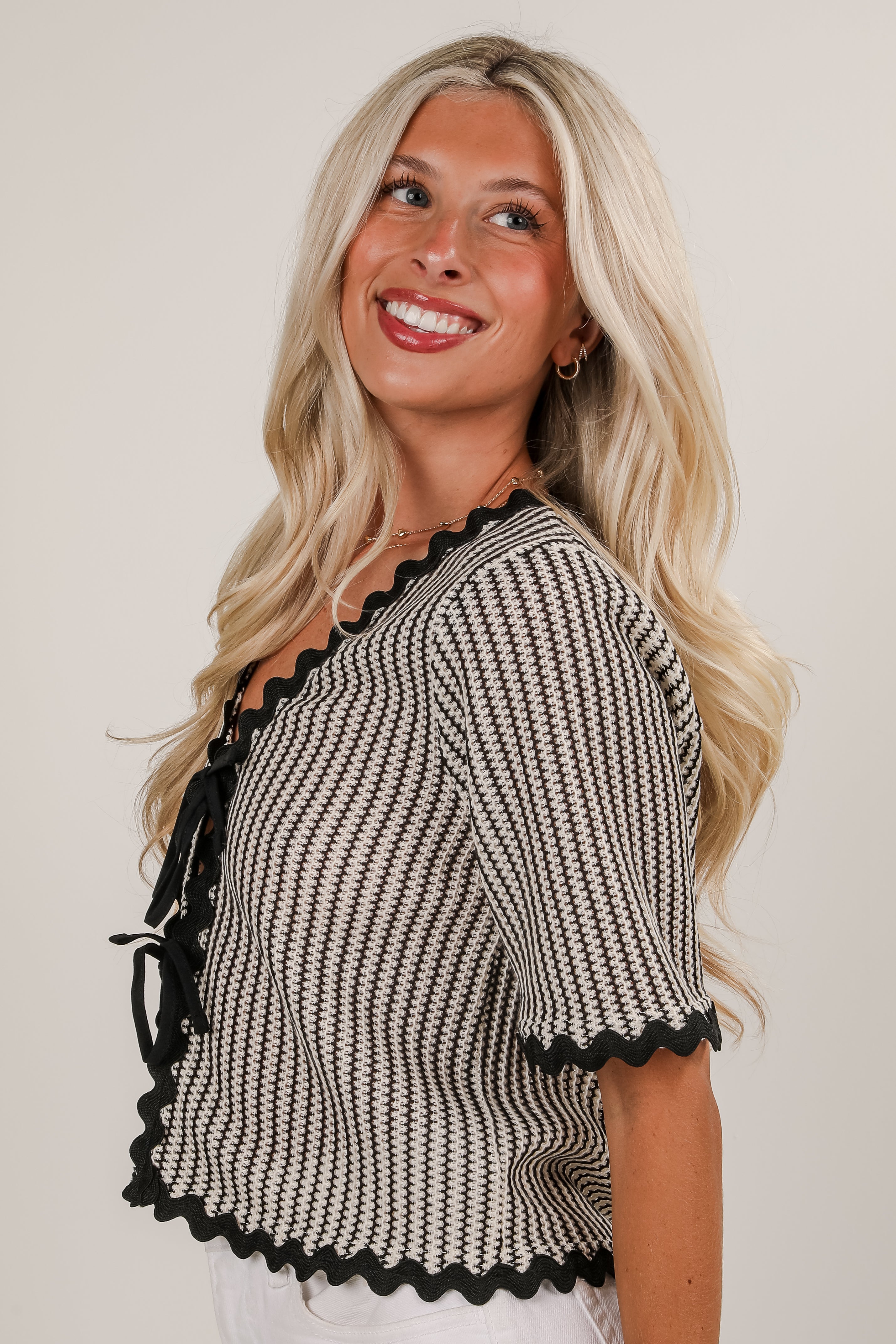 Island Groove Black Striped Crochet Tie Top