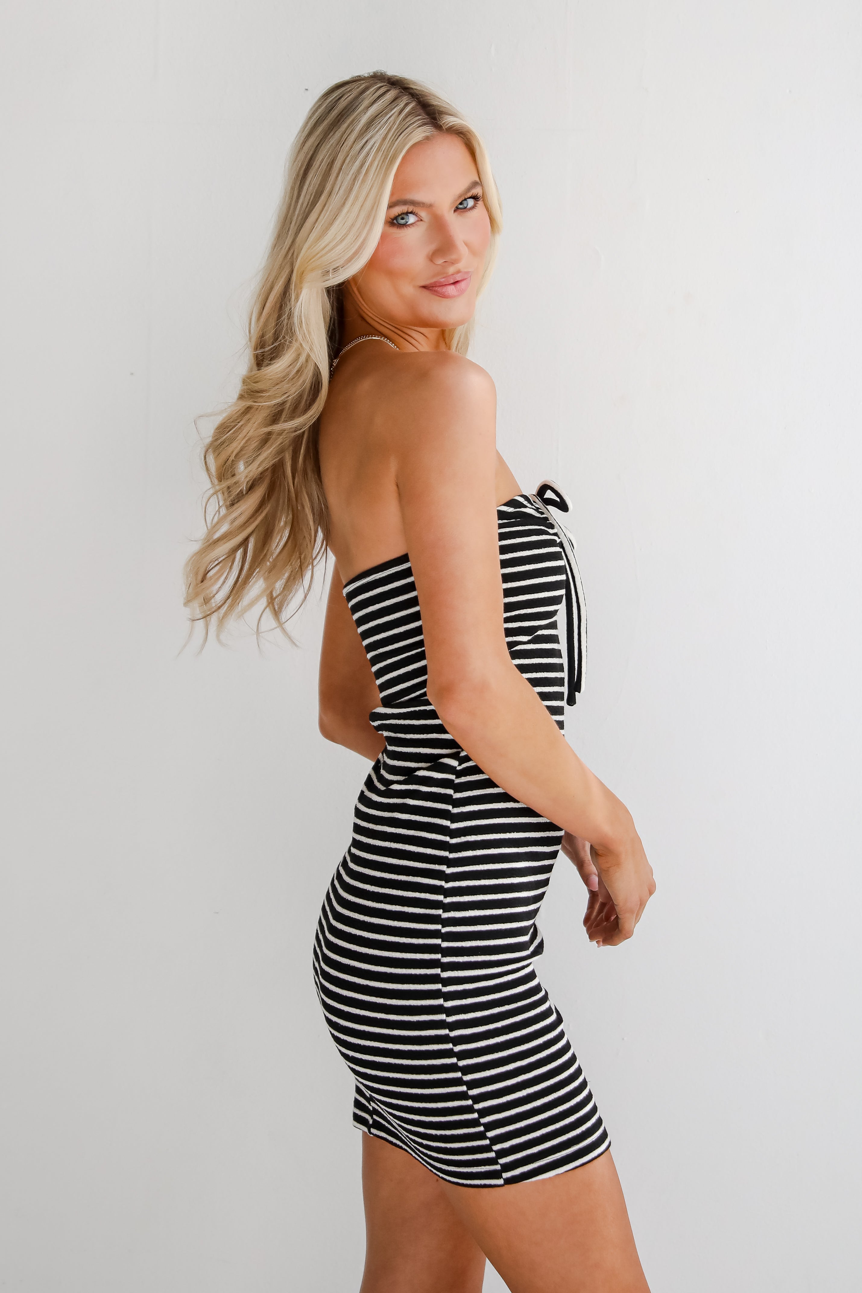 Sun Charmer Striped Knit Strapless Mini Dress