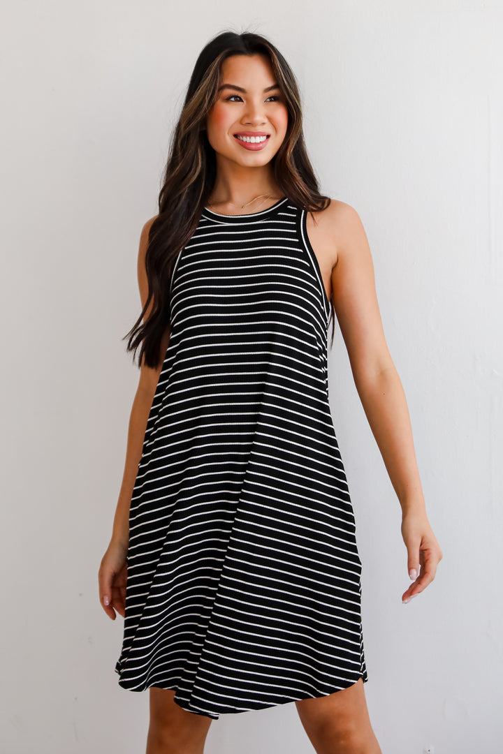 FINAL SALE - Do Not Disturb Black Striped Mini Dress - DU DEAL