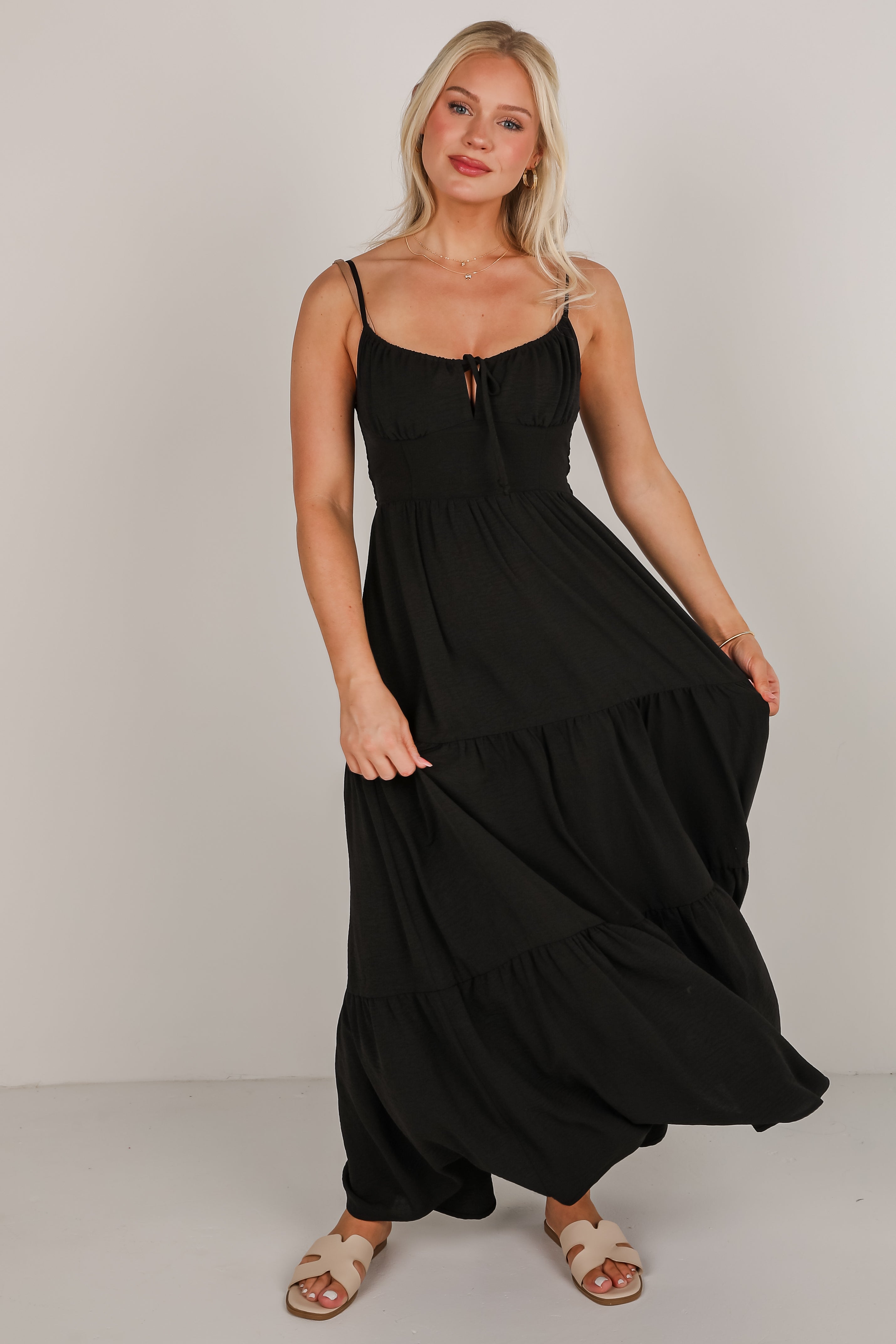 Never Coming Back Black Tiered Maxi Dress