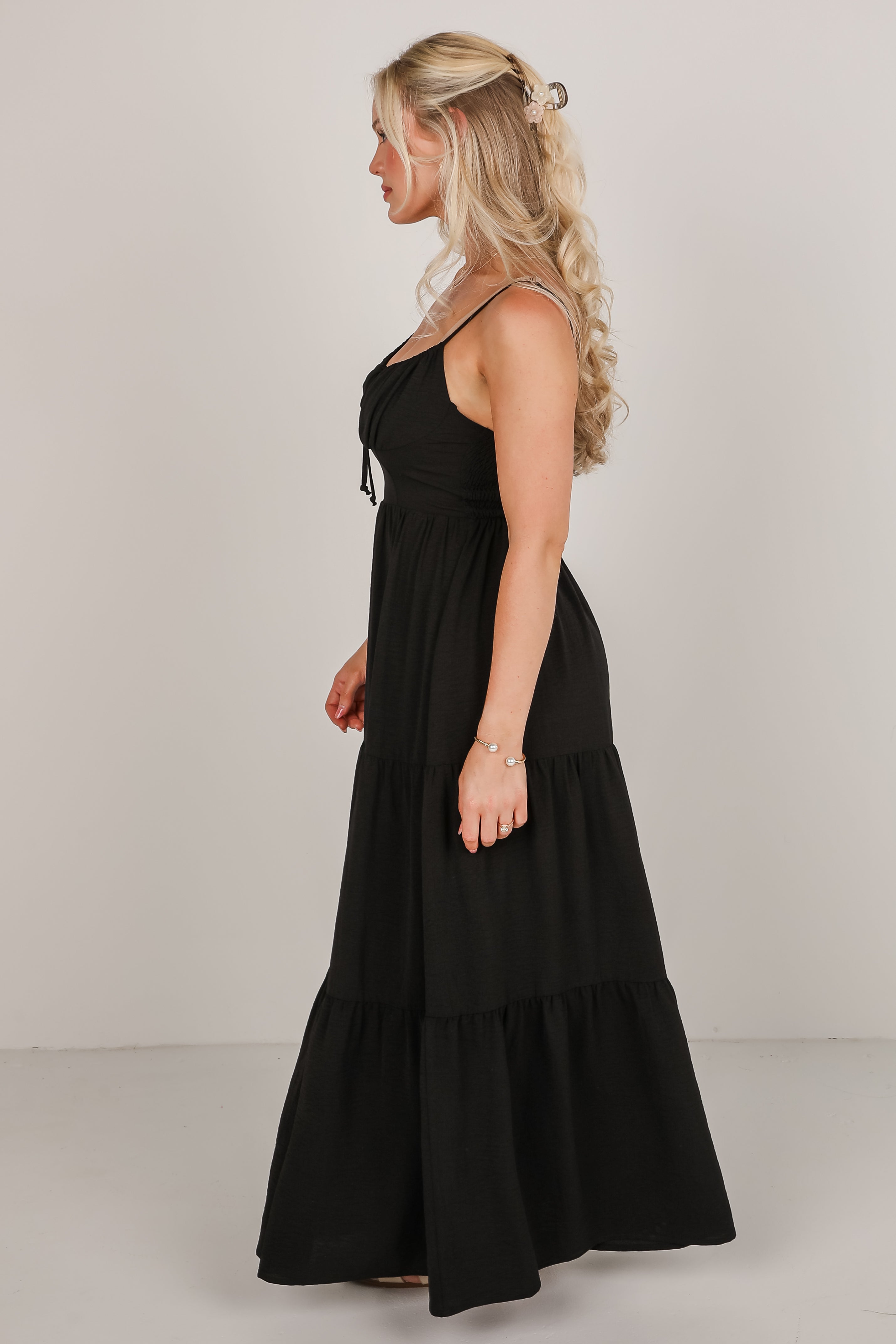 Never Coming Back Black Tiered Maxi Dress