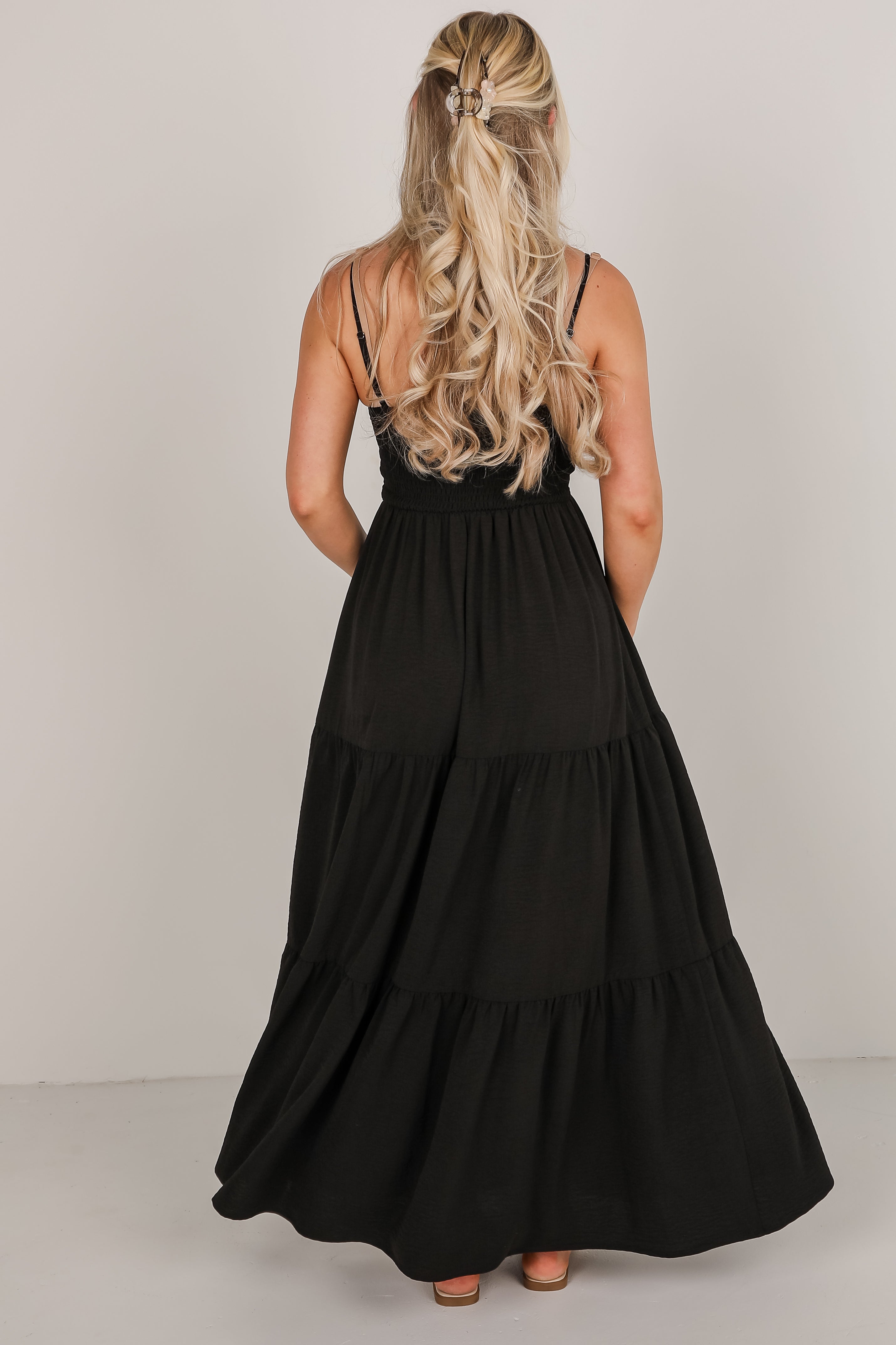 Never Coming Back Black Tiered Maxi Dress