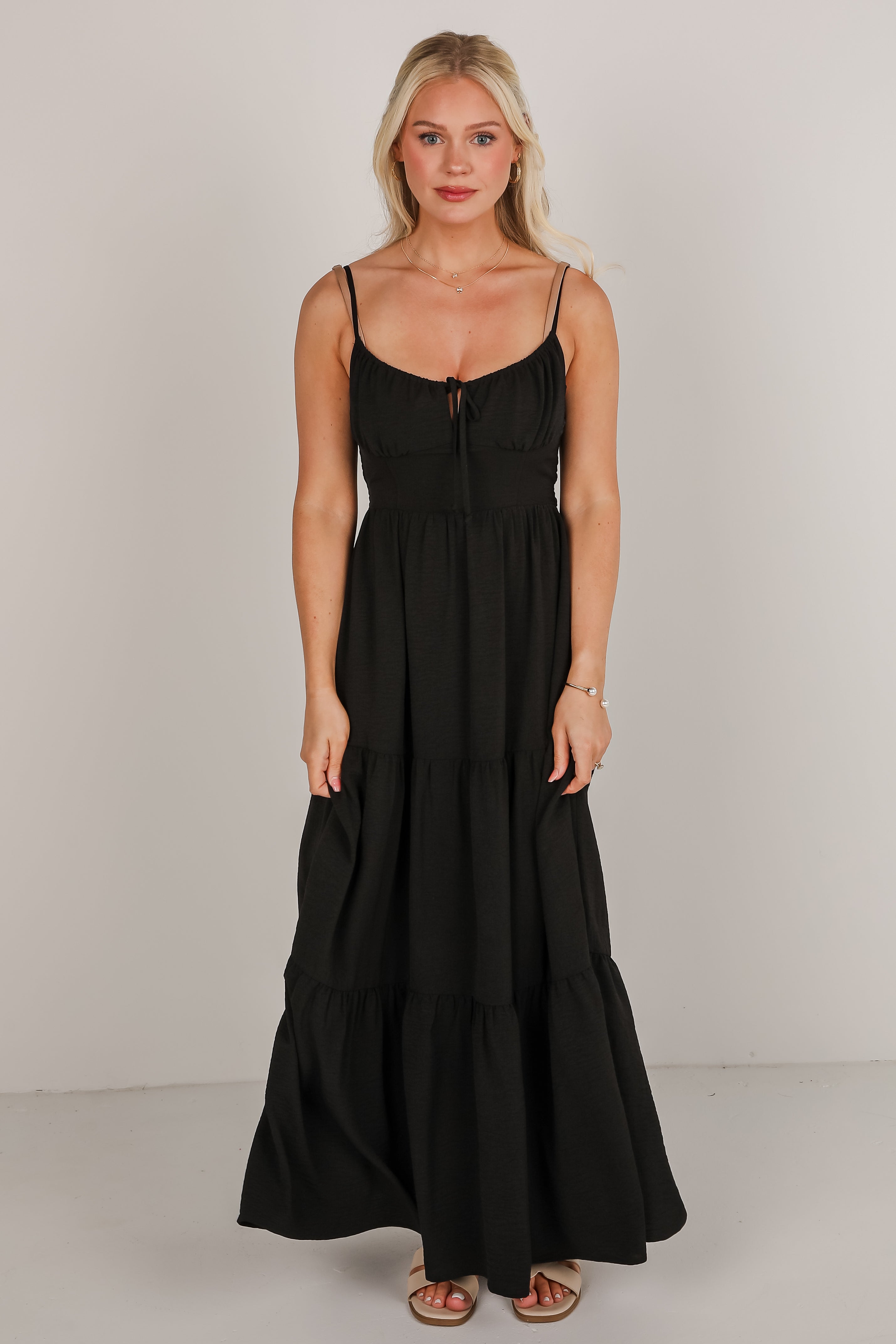 Never Coming Back Black Tiered Maxi Dress
