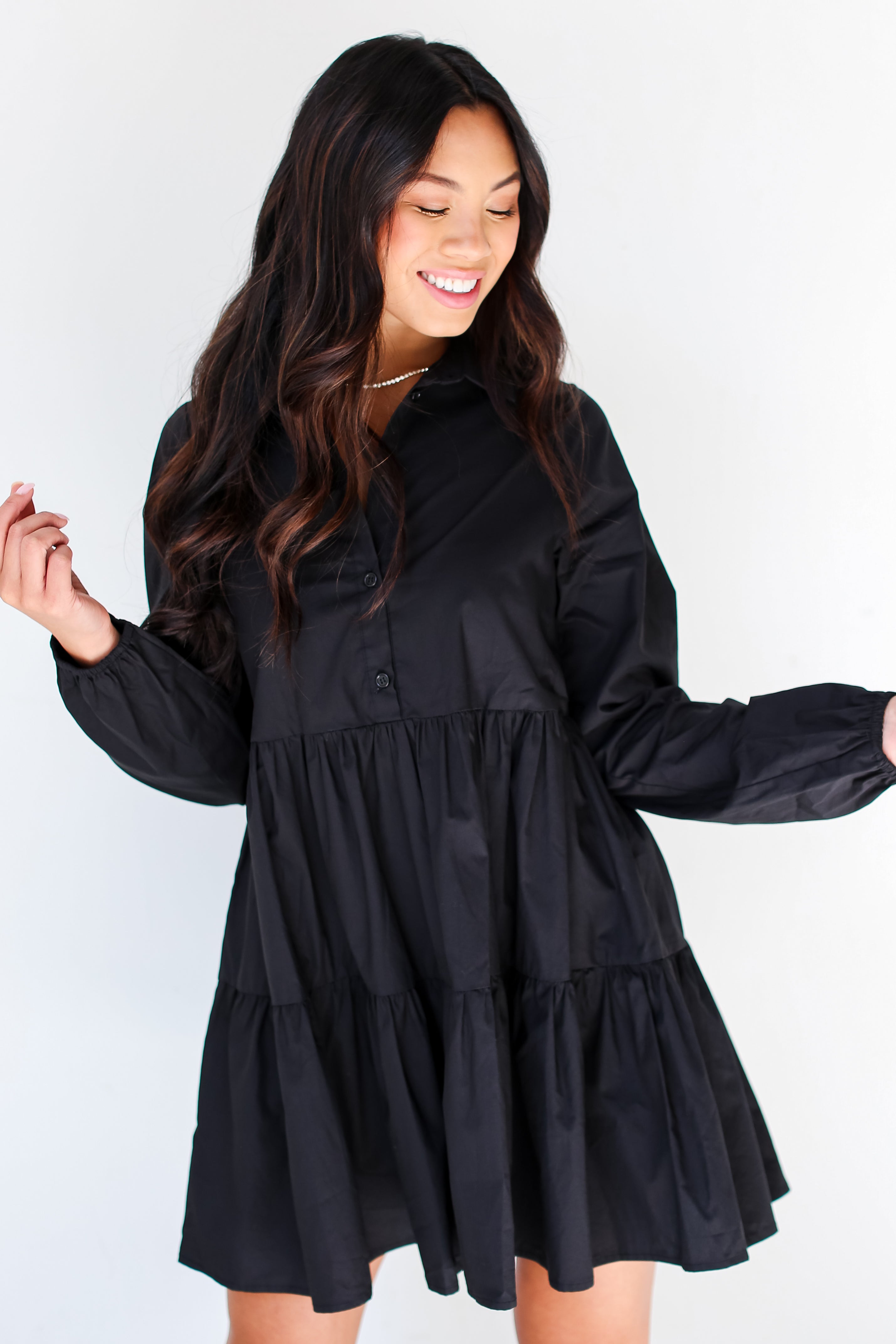 black Tiered Mini Dress front view