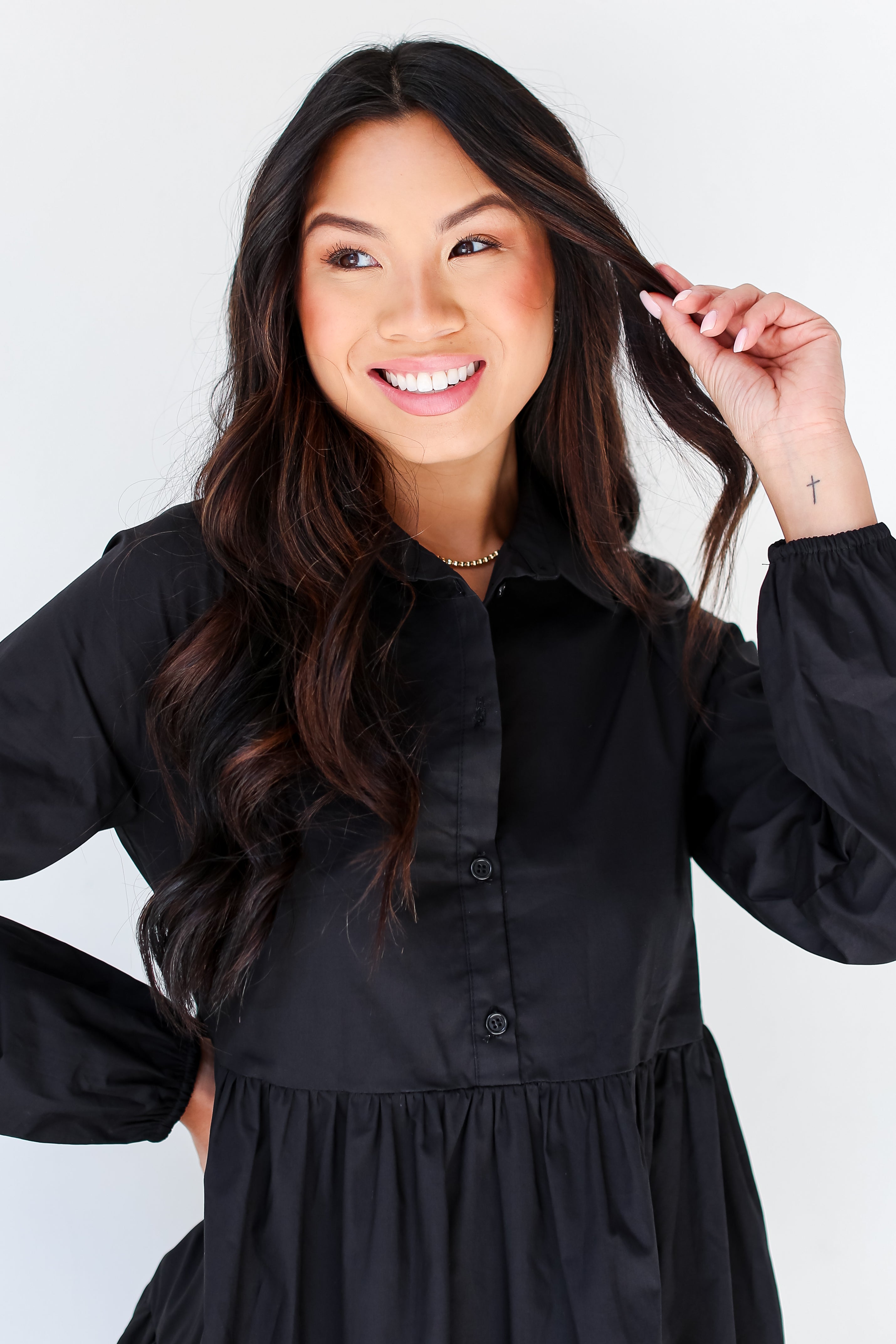 black Tiered Mini Dress close up