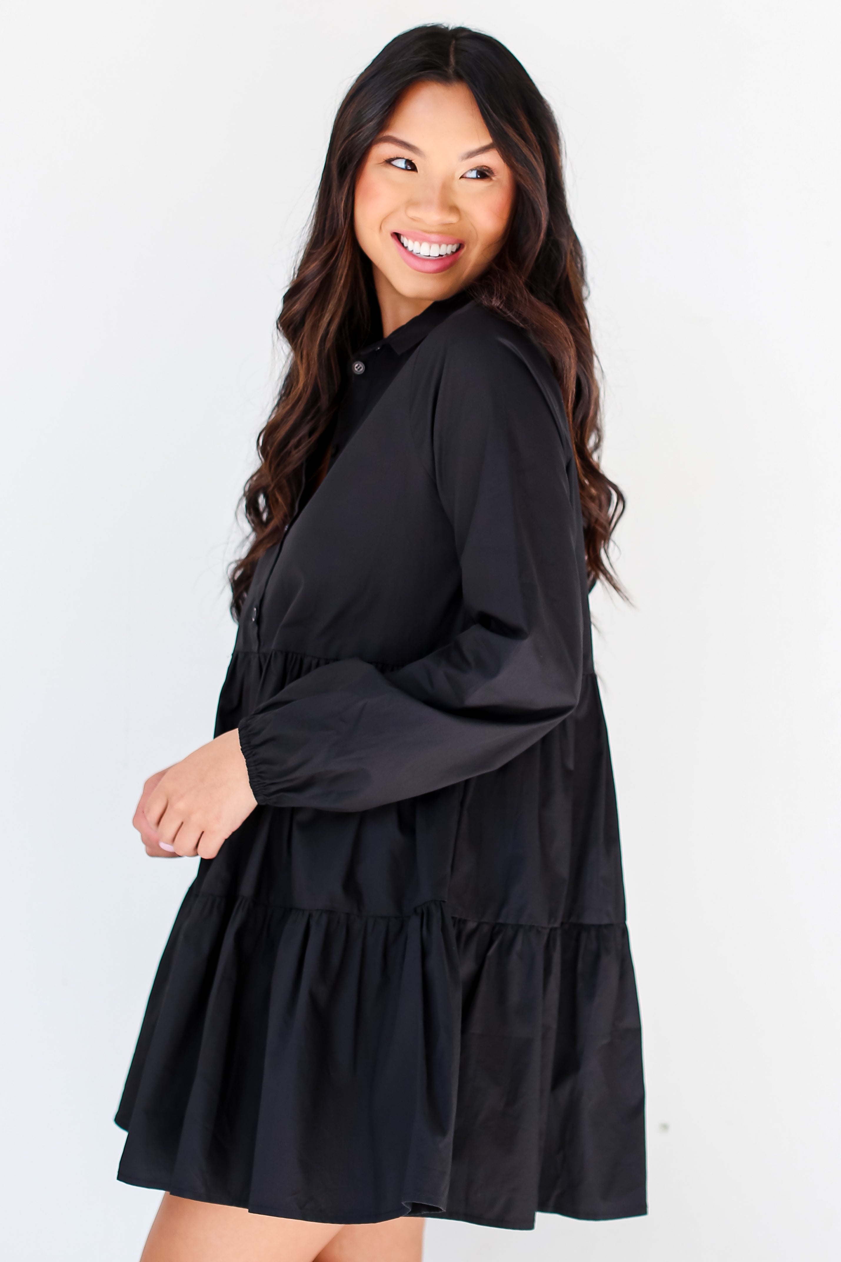 black Tiered Mini Dress side view