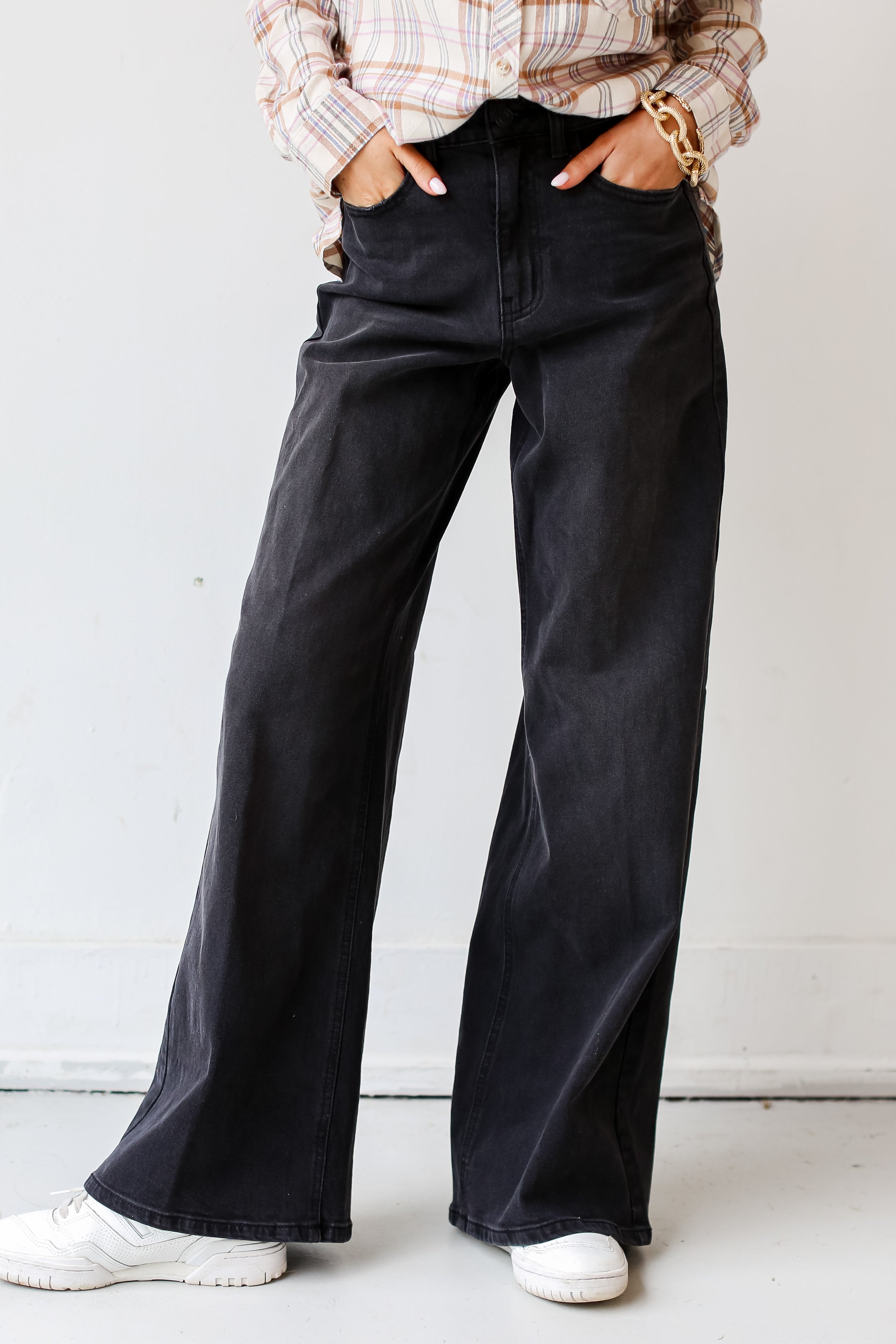 Black Denim Wide Leg Jeans front view