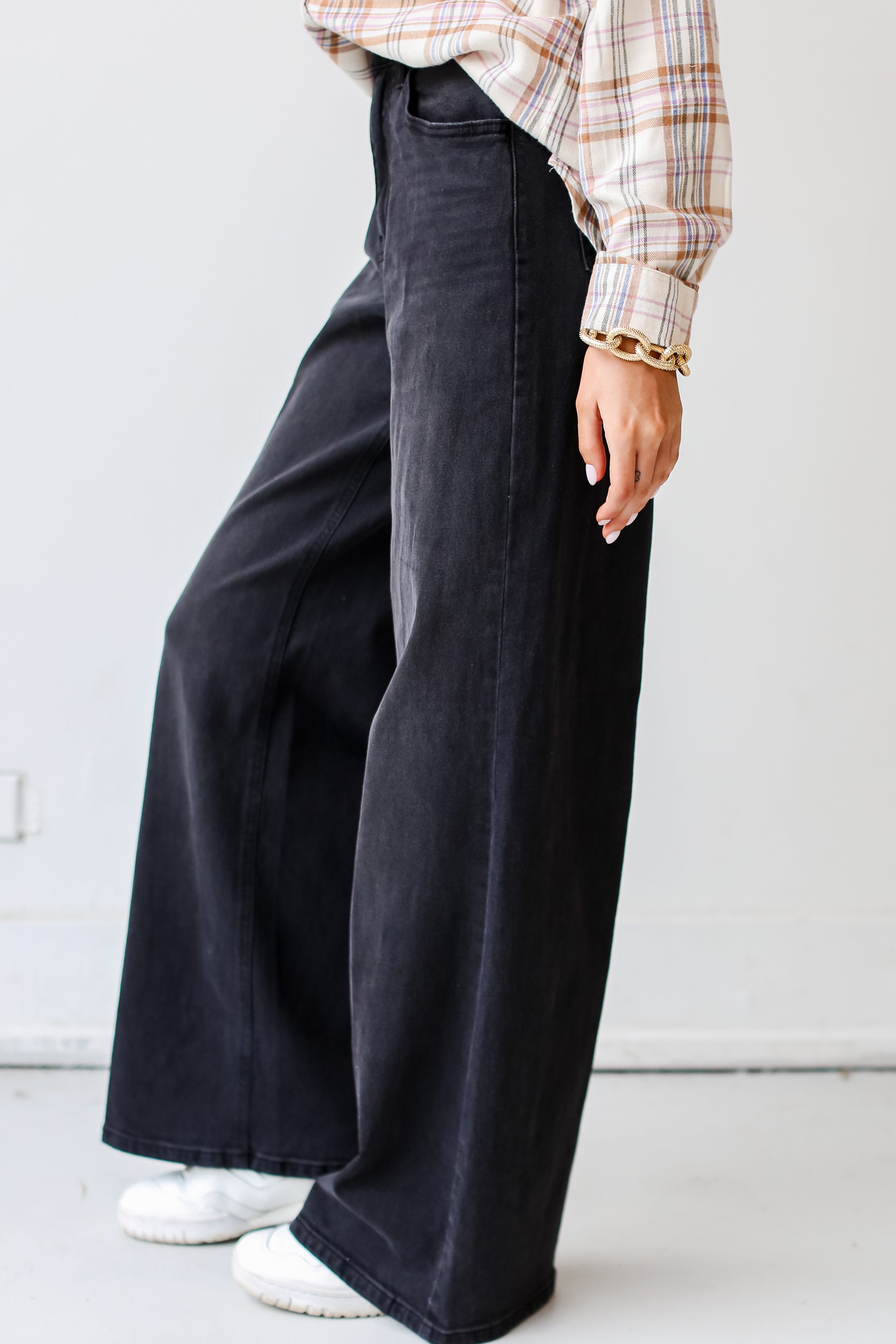 Black Denim Wide Leg Jeans side view