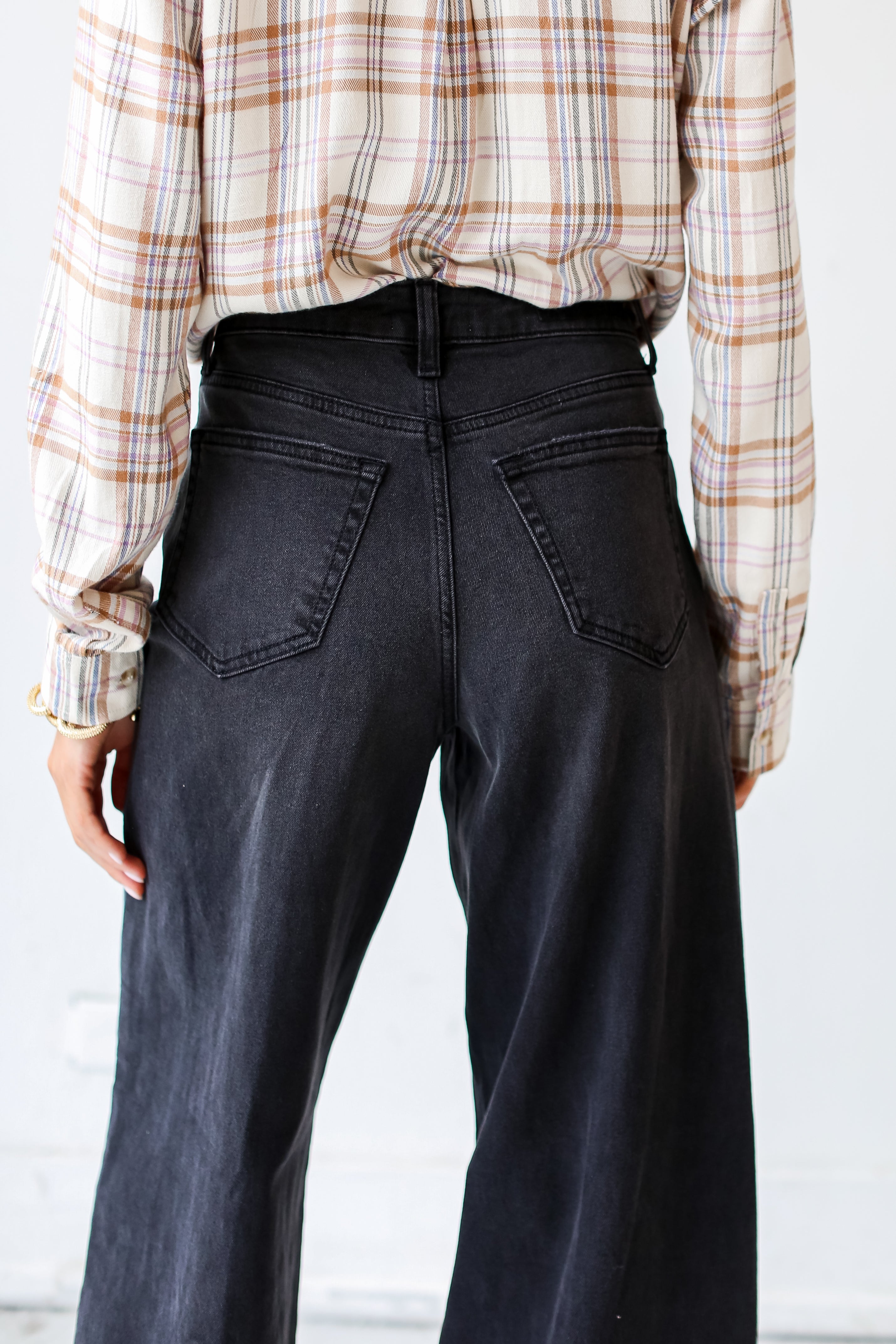 Black Denim Wide Leg Jeans back view close up