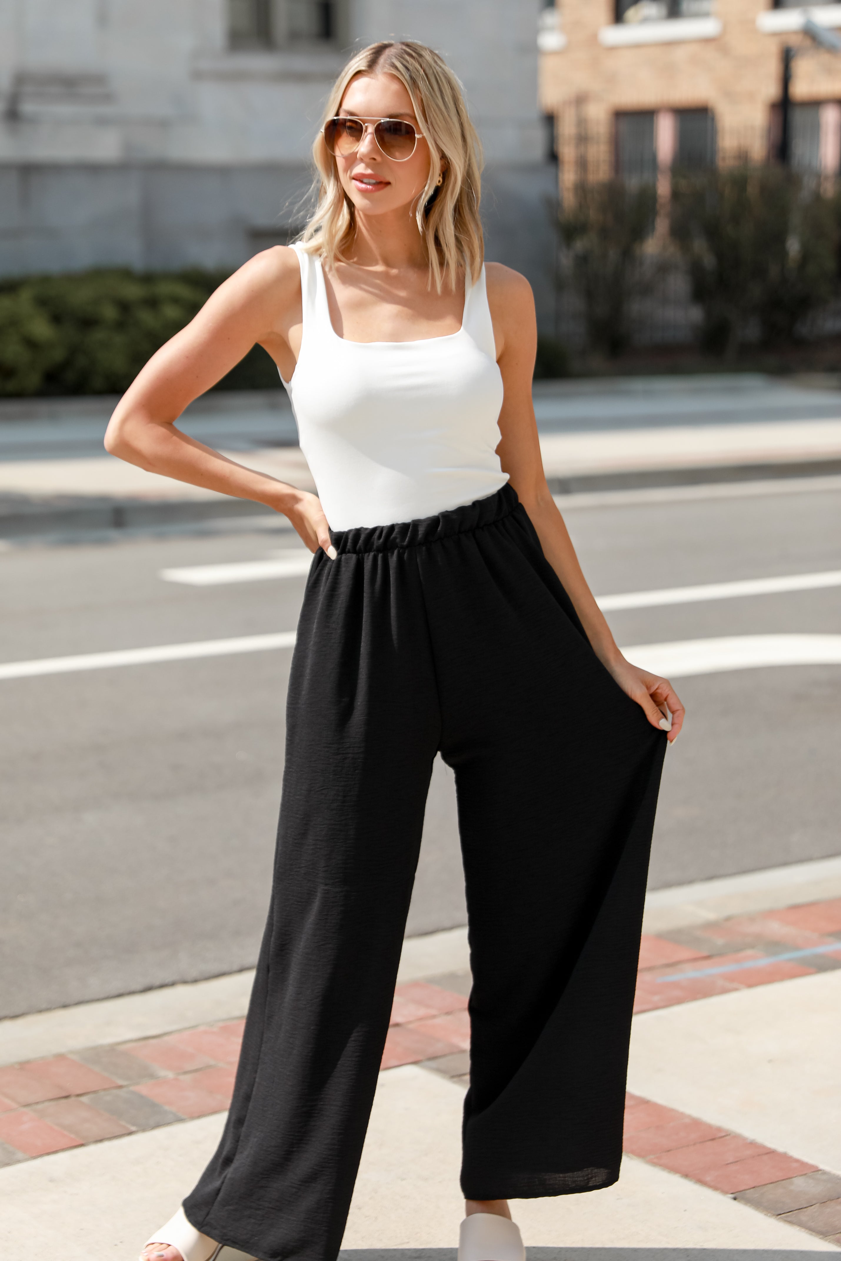 black Wide Leg Pants on model