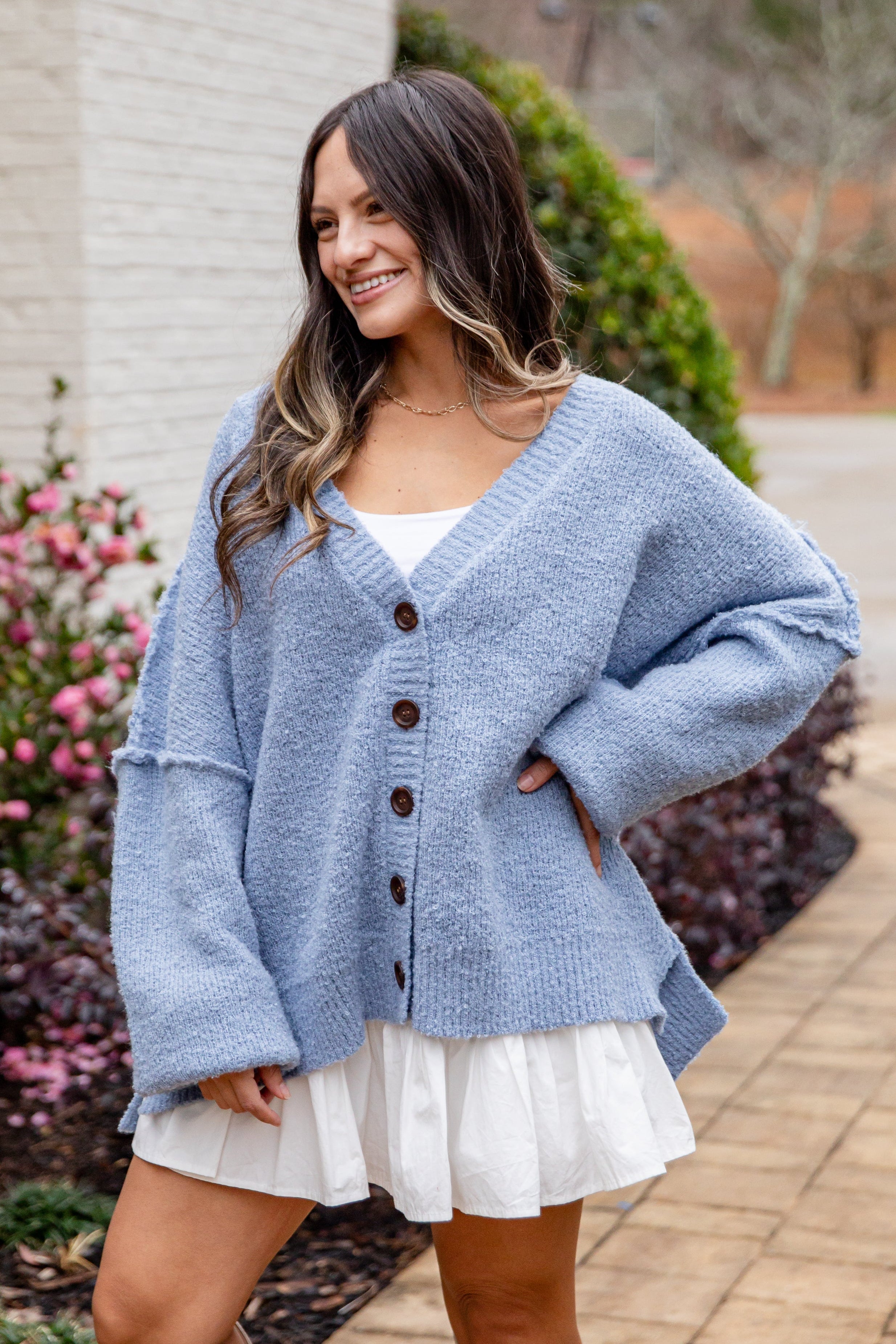 Calm Mountain Light Blue Cardigan | Trendy Women Sweaters | DressUp Light Blue / Medium Calm Mountain Light Blue Cardigan | Trendy Women Sweaters | DressUp Light Blue / Medium