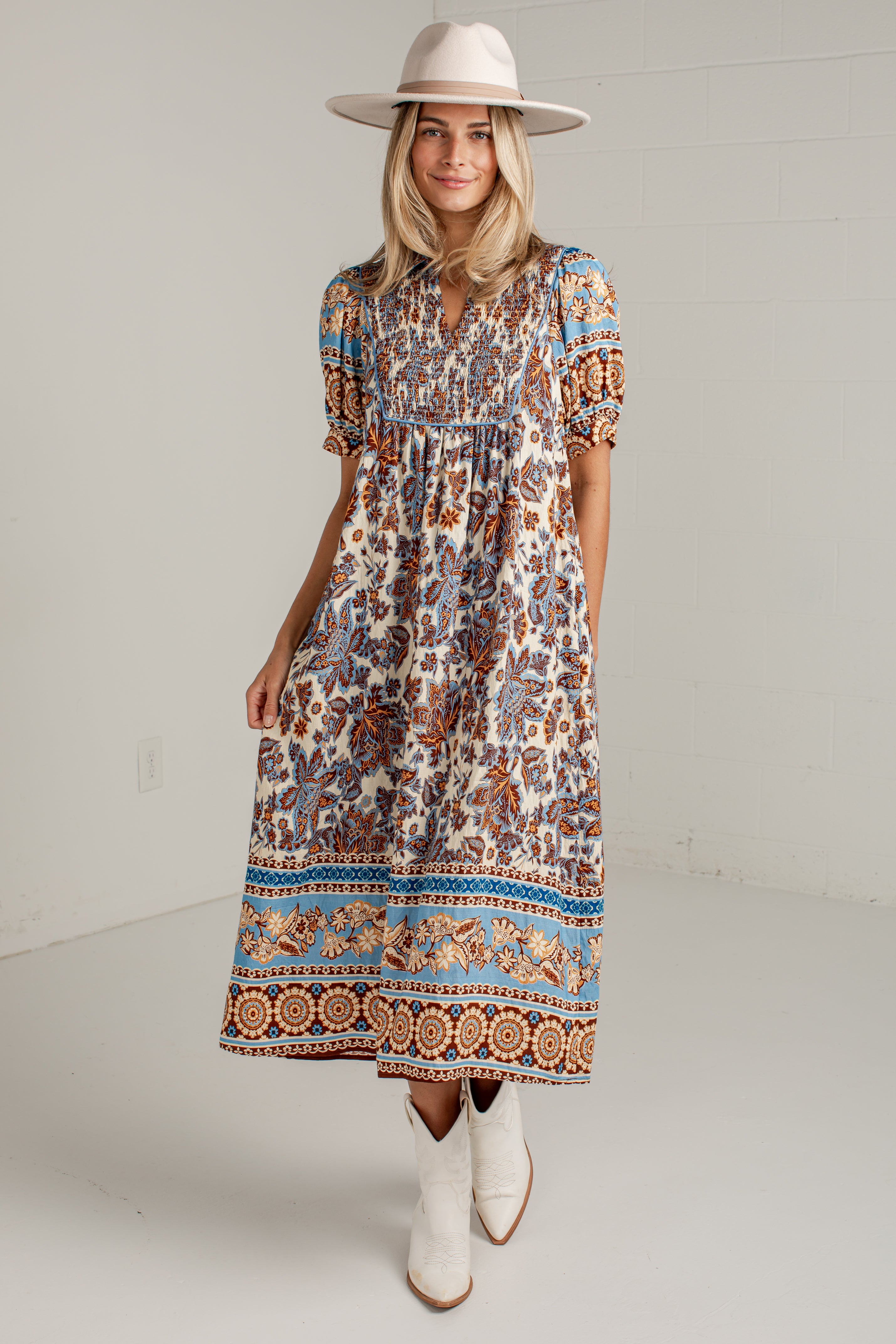 Women's Blue Print Midi Dress | Trendy Flowy Dresses