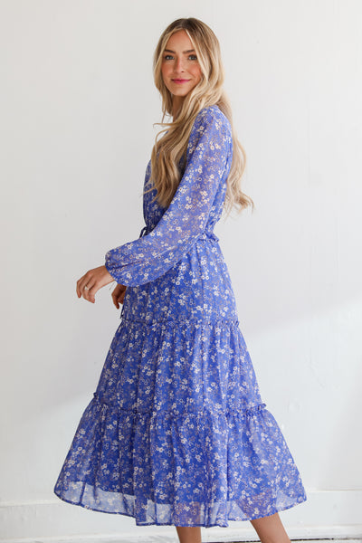 tiered Blue Floral Midi Dress
