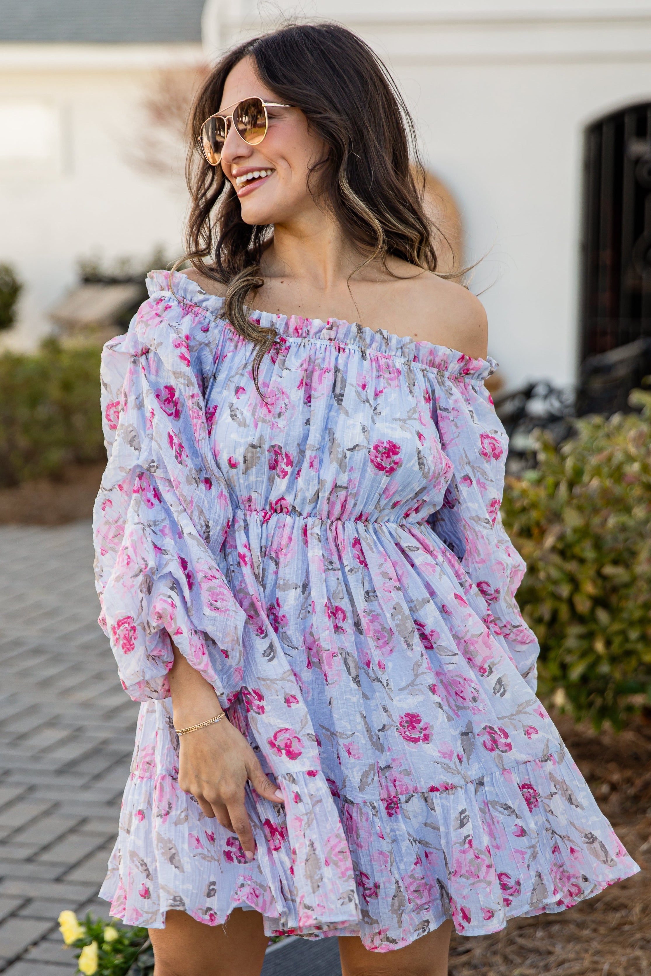 open lace back dress Women's Off Shoulder Dress In Blue Peony Print