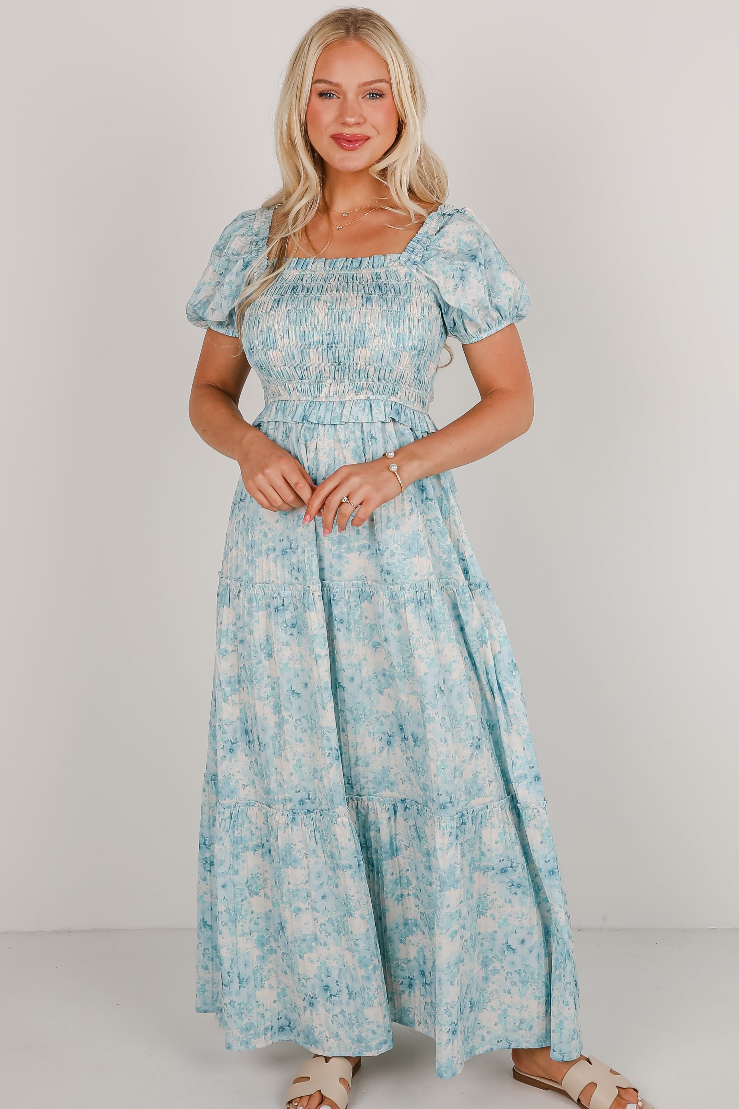 Willing To Help Blue Floral Smocked Maxi Dress